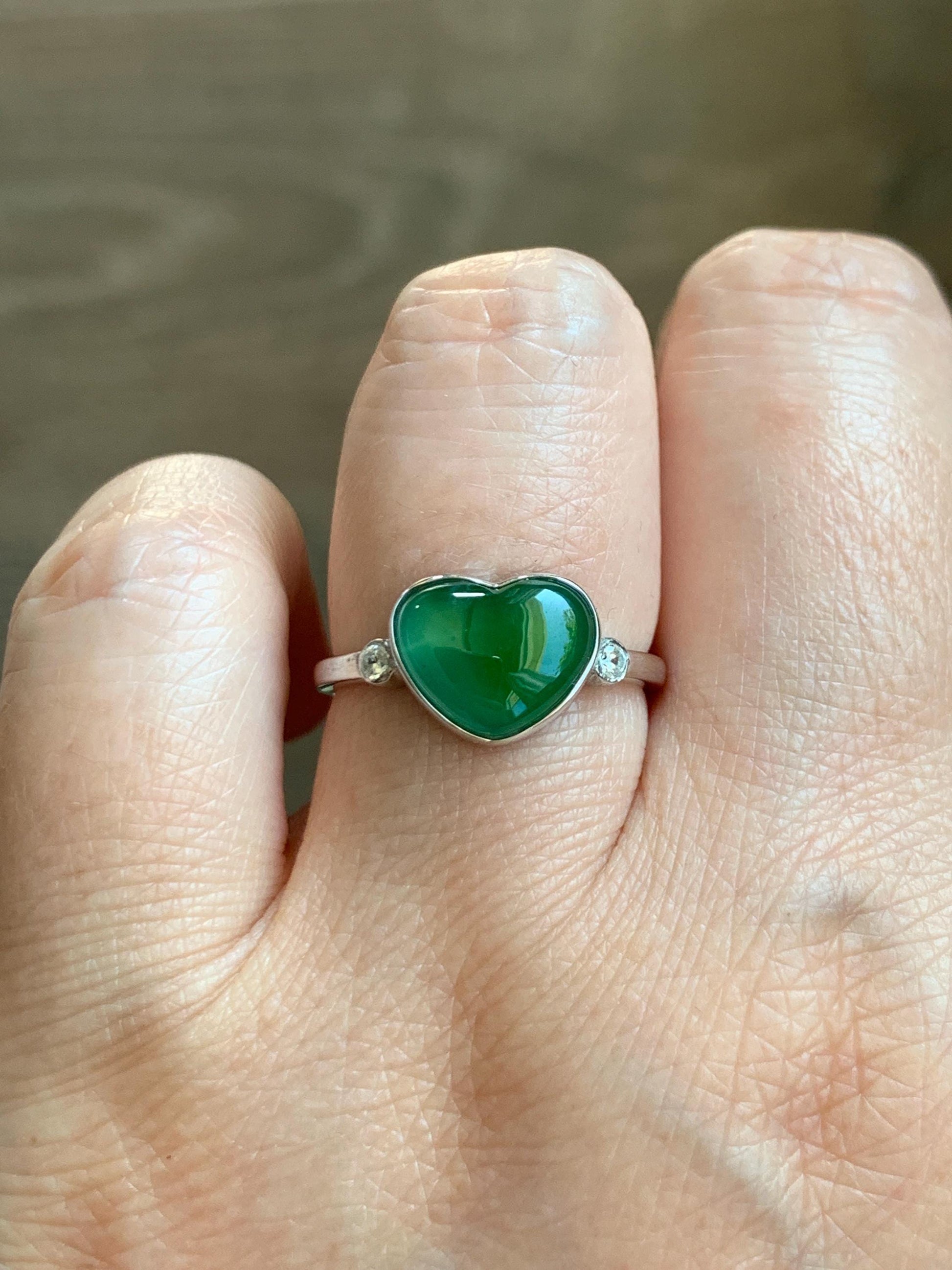 Certified Natural Guatemalan Icy Highly Translucent Rich Green Jadeite Heart Ring Sterling Silver size 7.25 US 2.66g 天然冰危绿翡翠爱心镶嵌戒指 9445