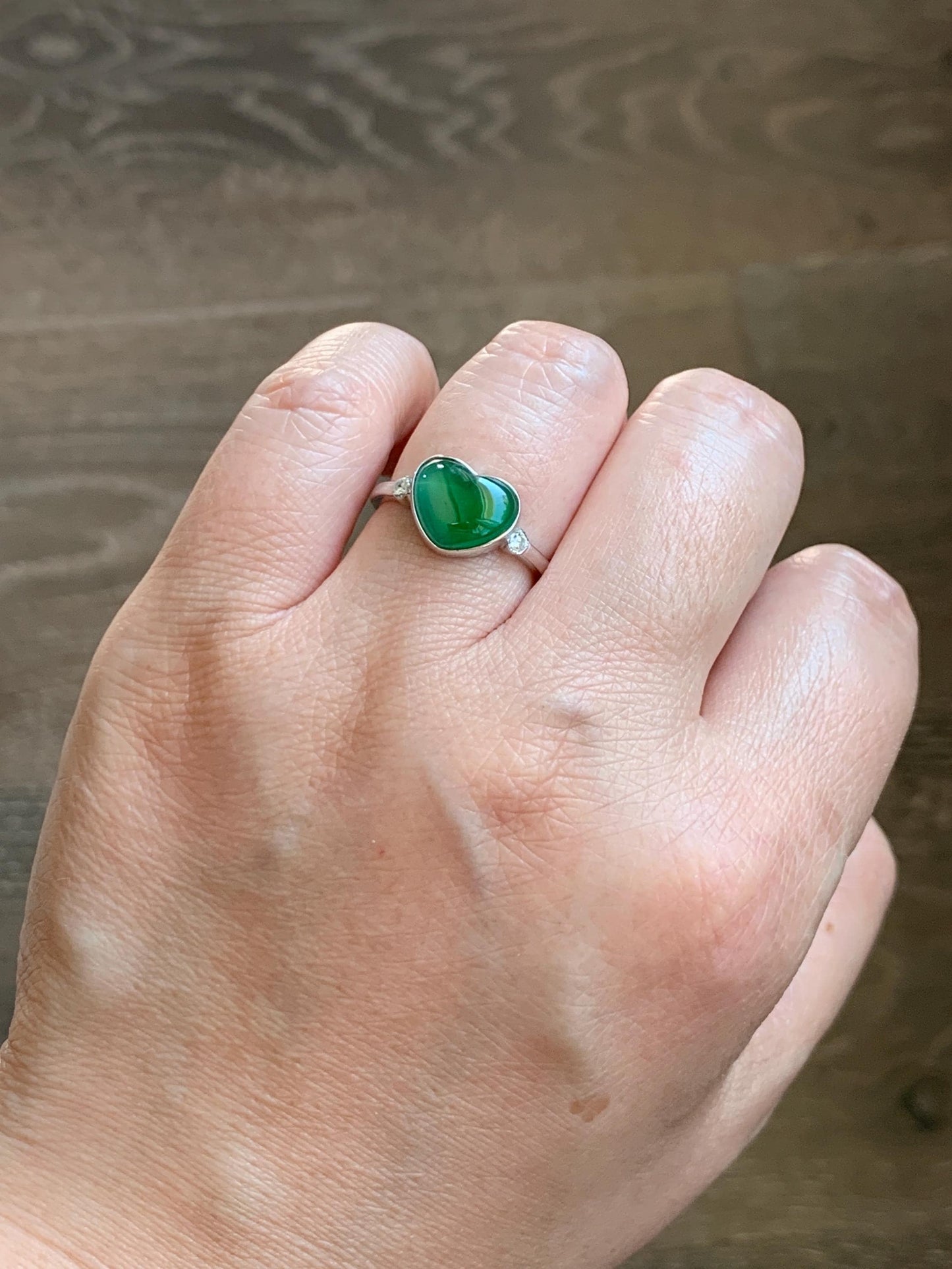 Certified Natural Guatemalan Icy Highly Translucent Rich Green Jadeite Heart Ring Sterling Silver size 7.25 US 2.66g 天然冰危绿翡翠爱心镶嵌戒指 9445