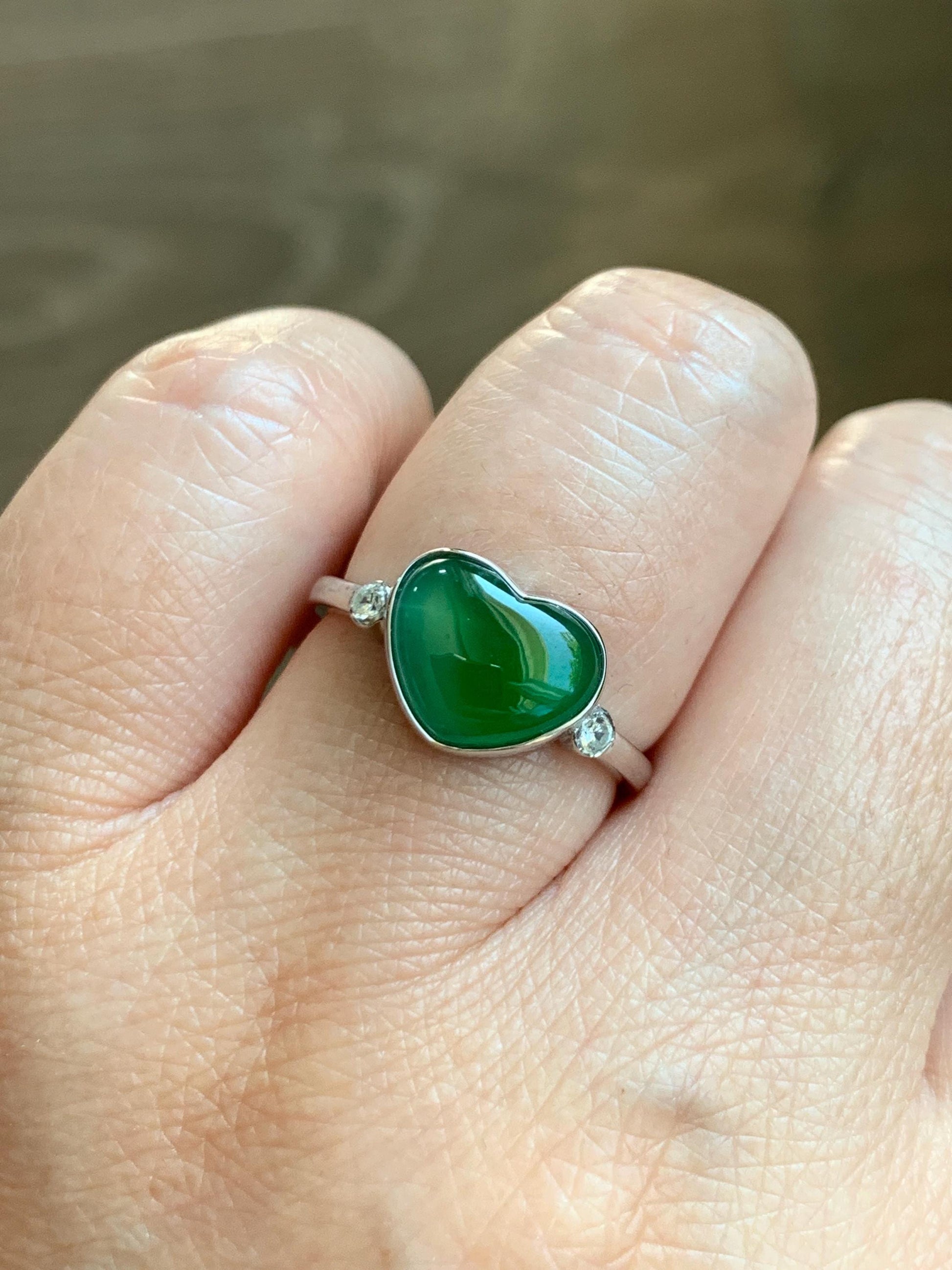 Certified Natural Guatemalan Icy Highly Translucent Rich Green Jadeite Heart Ring Sterling Silver size 7.25 US 2.66g 天然冰危绿翡翠爱心镶嵌戒指 9445