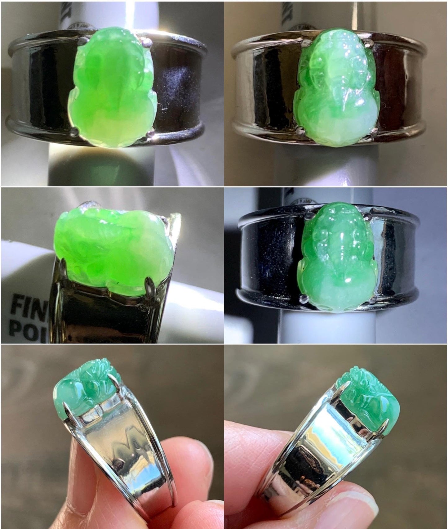 Certified Natural Grade A Icy Translucent Green Marbled Jadeite Pixiu Wide Band Ring Sterling Silver size 7.5 US 7.7g 天然冰胶飘绿花翡翠貔貅银镶宽版戒指 9448