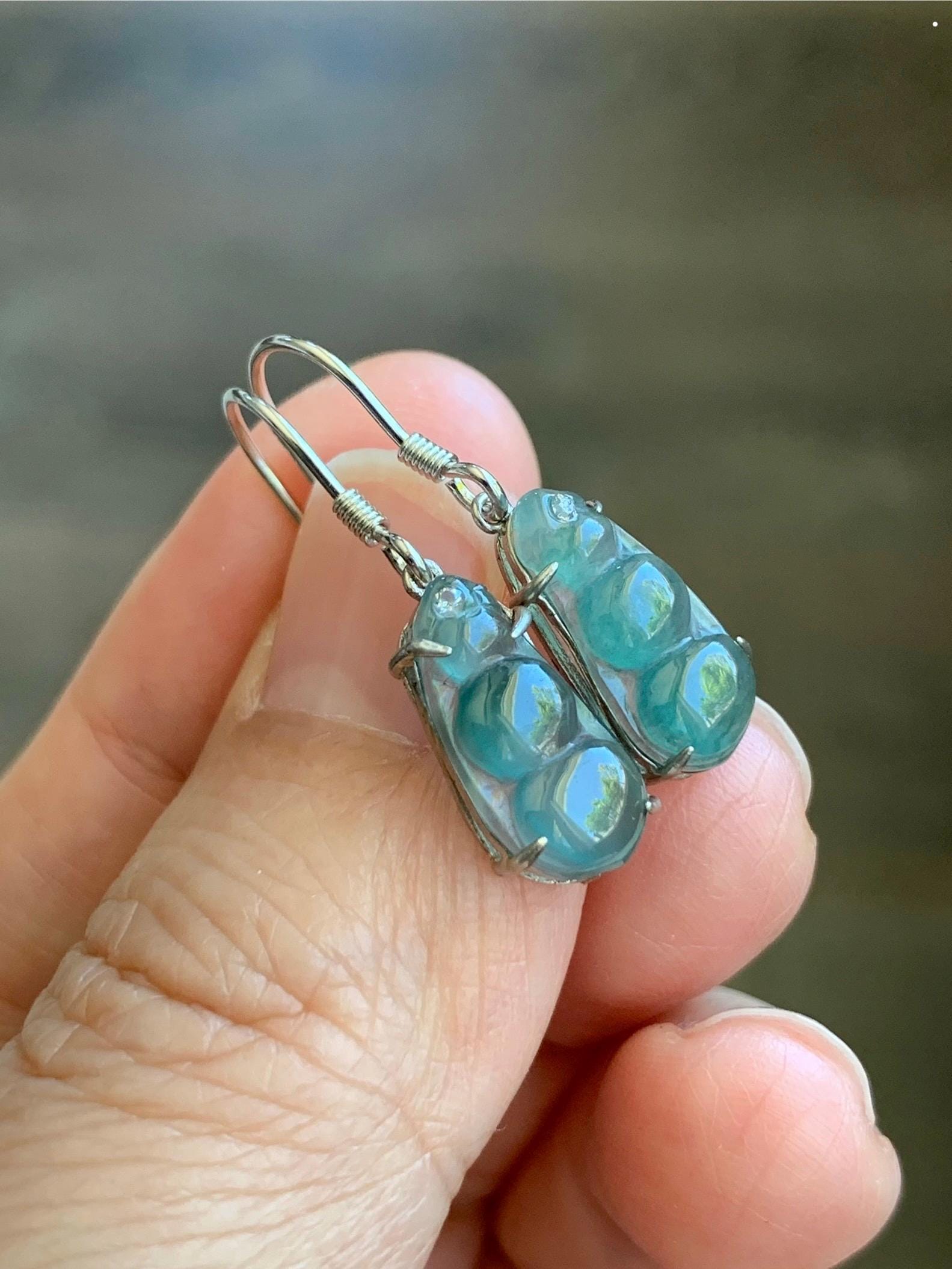 Natural Grade A Guatemalan Icy Highly Translucent Teal Blue Jadeite Petite Peapod Dangle Earrings Sterling Silver 天然冰危蓝翡翠福豆银耳钩 WXD55