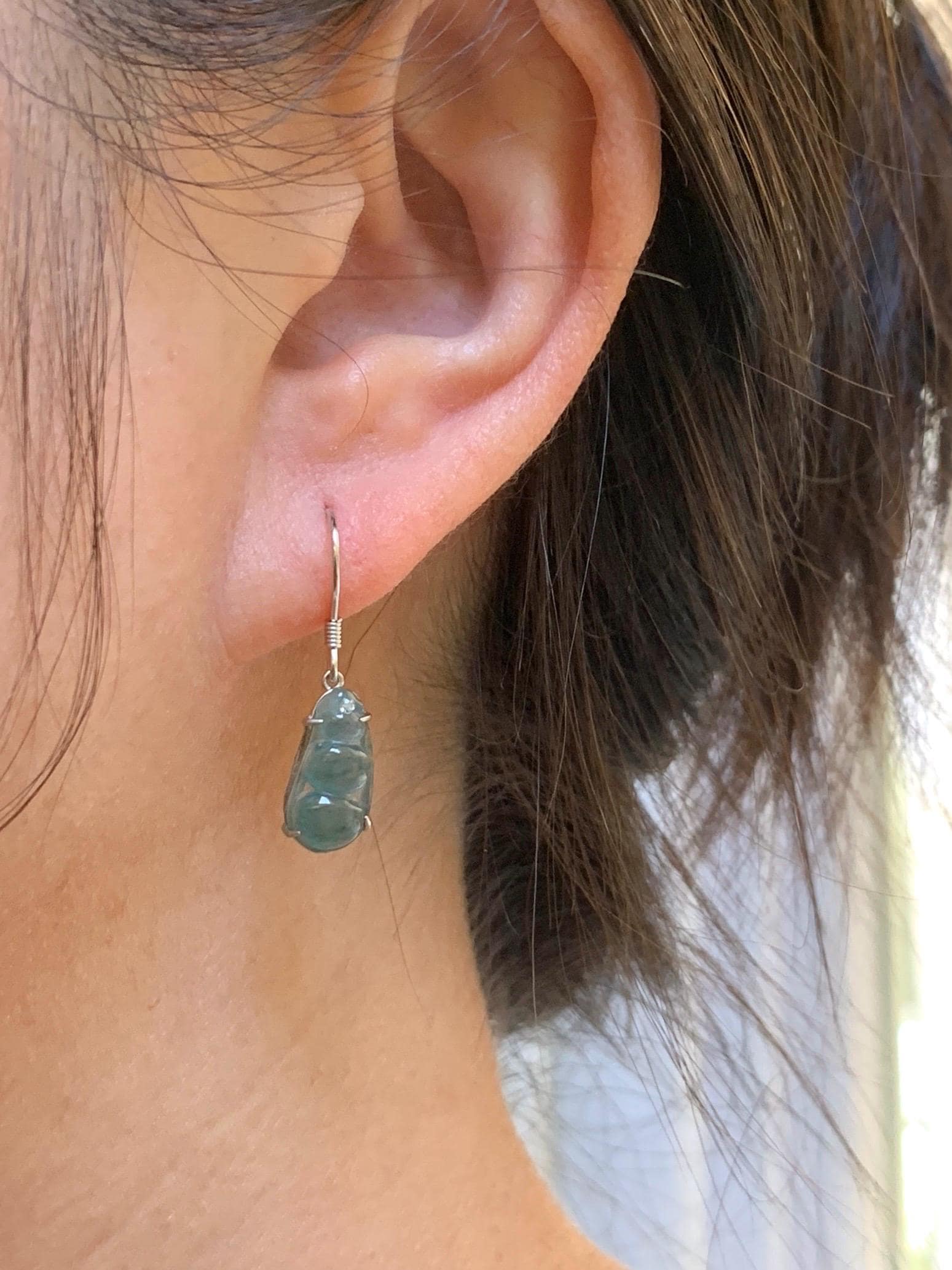 Natural Grade A Guatemalan Icy Highly Translucent Teal Blue Jadeite Petite Peapod Dangle Earrings Sterling Silver 天然冰危蓝翡翠福豆银耳钩 WXD55