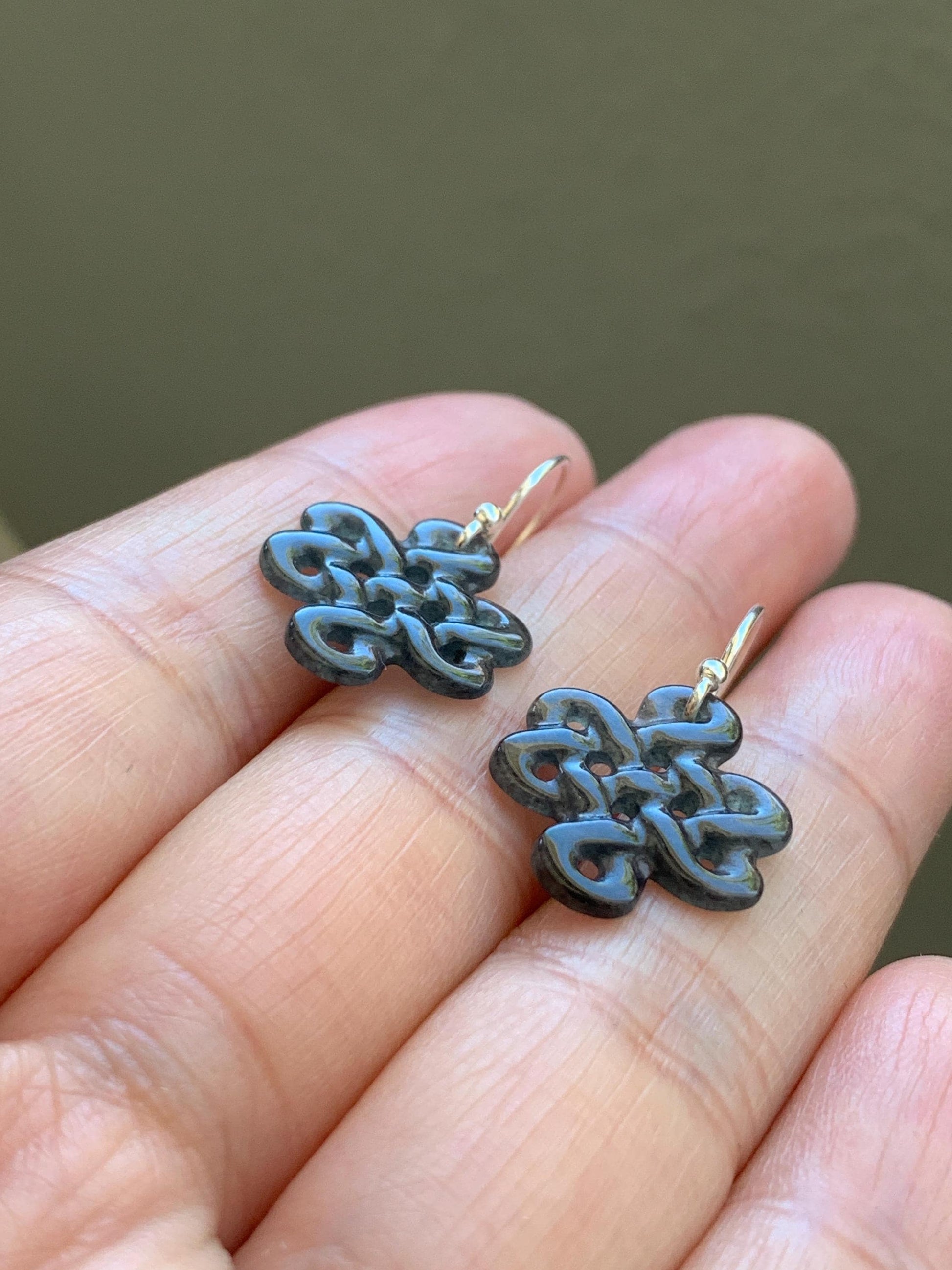 Natural Grade A Guatemalan Icy Highly Translucent Wuji Jadeite Carved Chinese Knot Dangle Earrings Sterling Silver 天然冰危乌鸡翡翠中国结银耳钩 WJJ55
