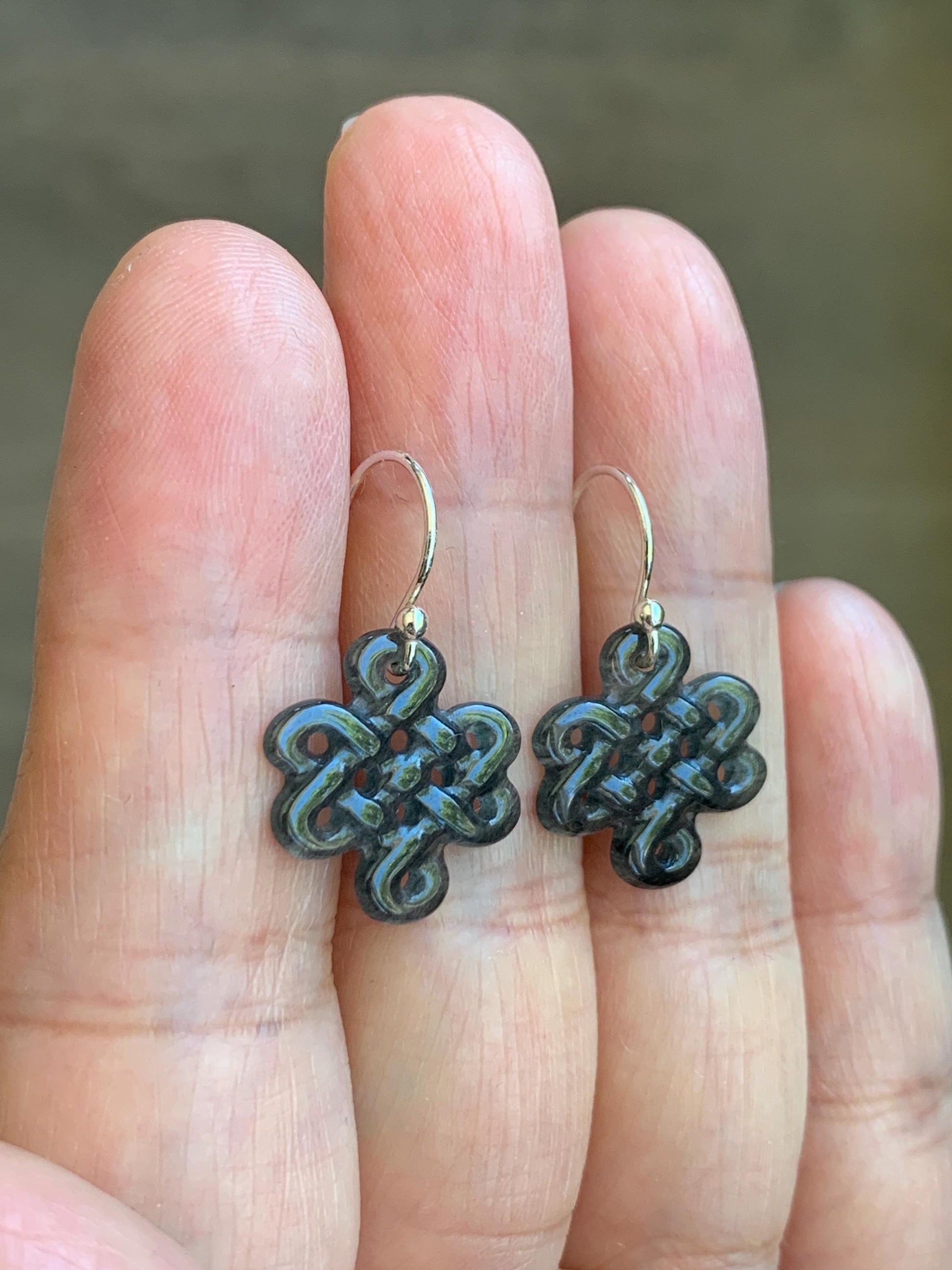 Natural Grade A Guatemalan Icy Highly Translucent Wuji Jadeite Carved Chinese Knot Dangle Earrings Sterling Silver 天然冰危乌鸡翡翠中国结银耳钩 WJJ55