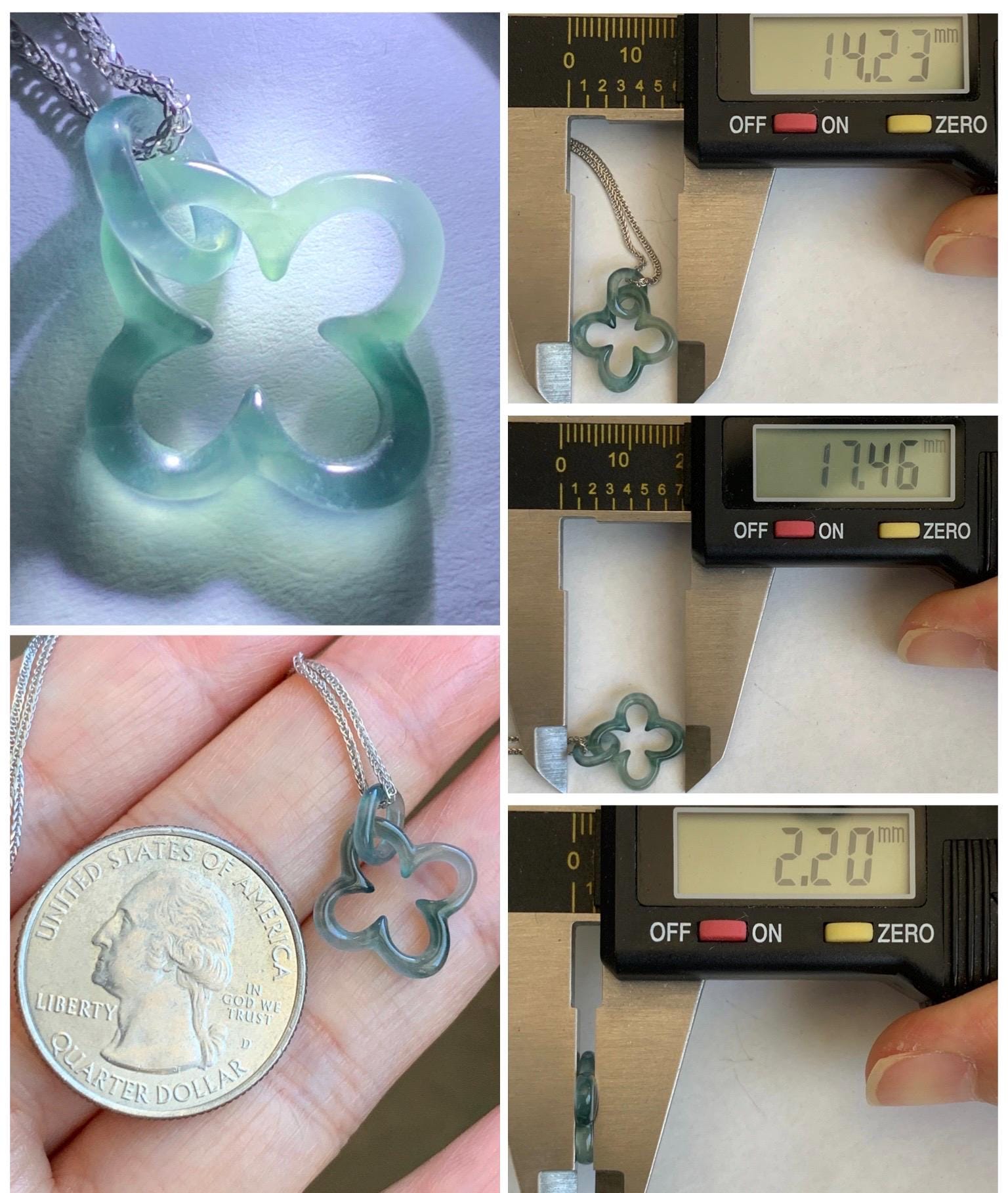 Natural Guatemalan Icy Highly Translucent Teal Blue Jadeite Clover Leaf Quatrefoil Interlocking Pendant Chain 17.5” 天然高冰危蓝起光翡翠四叶草款环环相扣吊坠