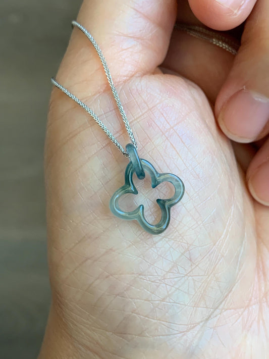 Natural Guatemalan Icy Highly Translucent Teal Blue Jadeite Clover Leaf Quatrefoil Interlocking Pendant Chain 17.5” 天然高冰危蓝起光翡翠四叶草款环环相扣吊坠