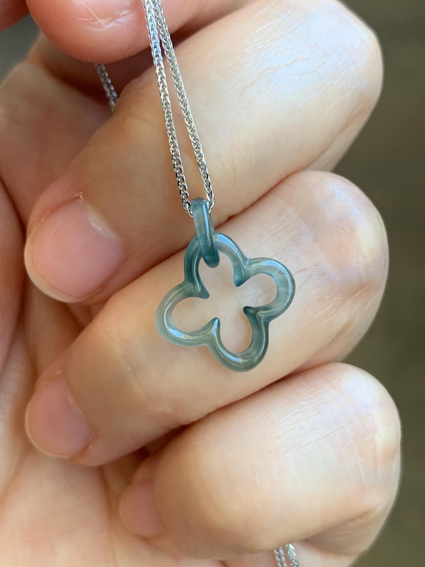 Natural Guatemalan Icy Highly Translucent Teal Blue Jadeite Clover Leaf Quatrefoil Interlocking Pendant Chain 17.5” 天然高冰危蓝起光翡翠四叶草款环环相扣吊坠