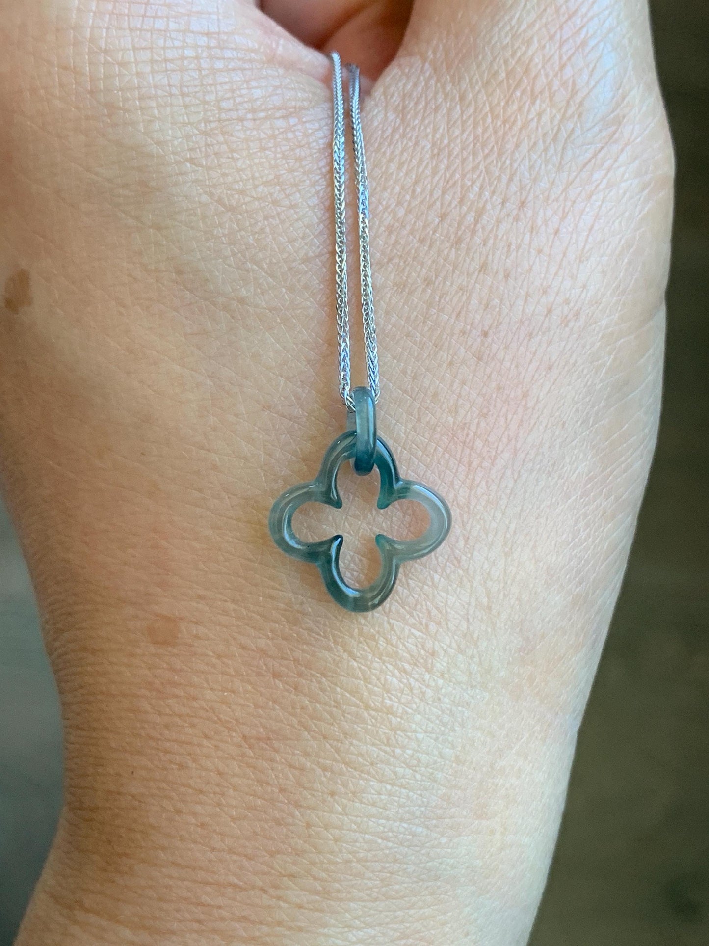Natural Guatemalan Icy Highly Translucent Teal Blue Jadeite Clover Leaf Quatrefoil Interlocking Pendant Chain 17.5” 天然高冰危蓝起光翡翠四叶草款环环相扣吊坠
