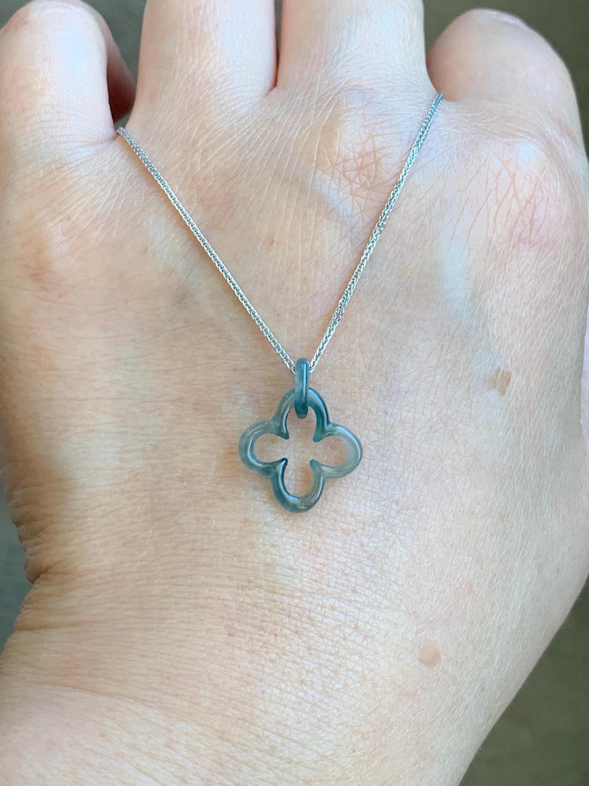 Natural Guatemalan Icy Highly Translucent Teal Blue Jadeite Clover Leaf Quatrefoil Interlocking Pendant Chain 17.5” 天然高冰危蓝起光翡翠四叶草款环环相扣吊坠