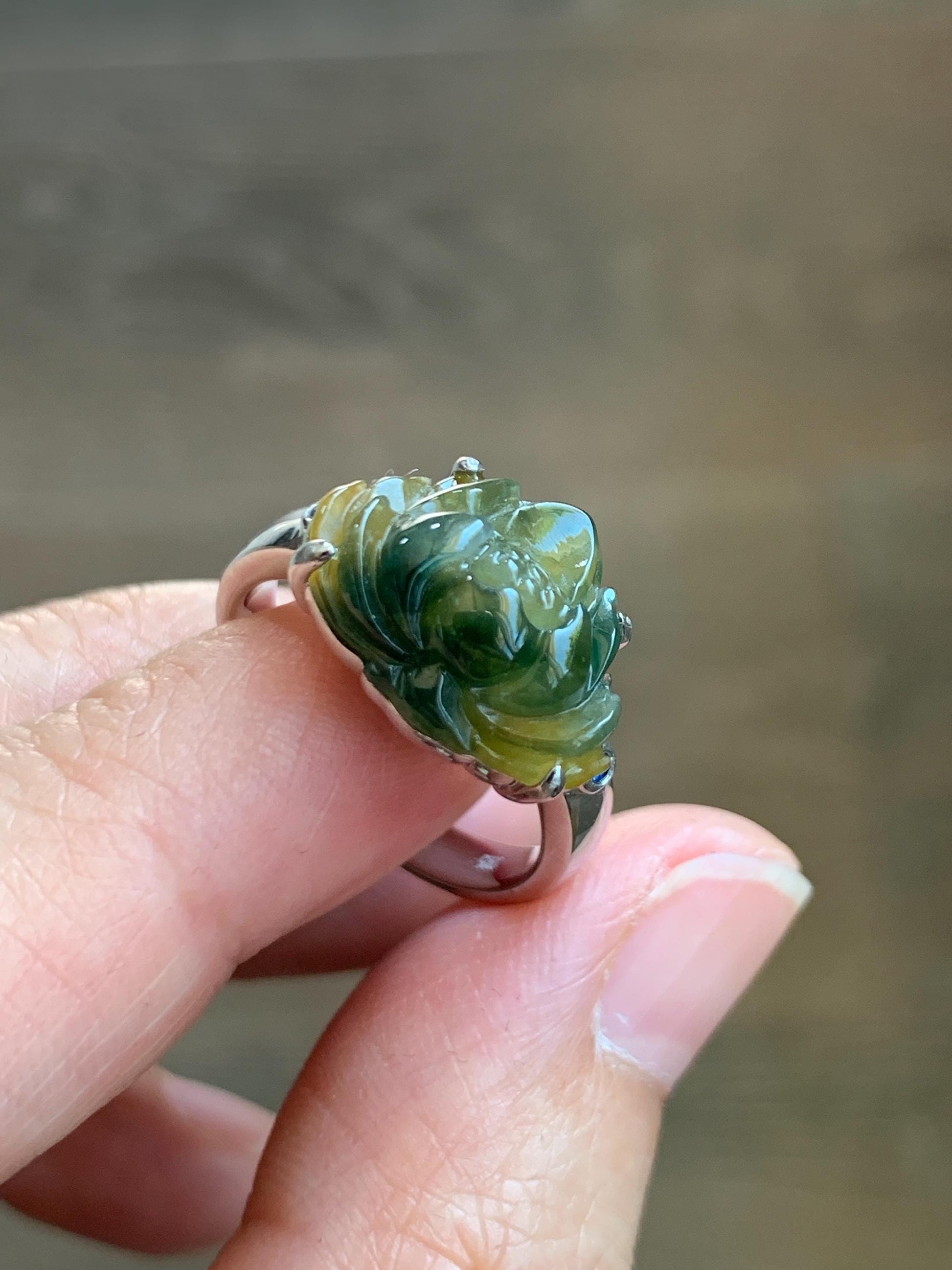Certified Natural Grade A Icy Translucent Yellow Dark Blue Marbled Jadeite Lotus Flower Ring Sterling Silver Size 7.25 天然冰黄飘蓝花翡翠莲花镶嵌戒指 9441