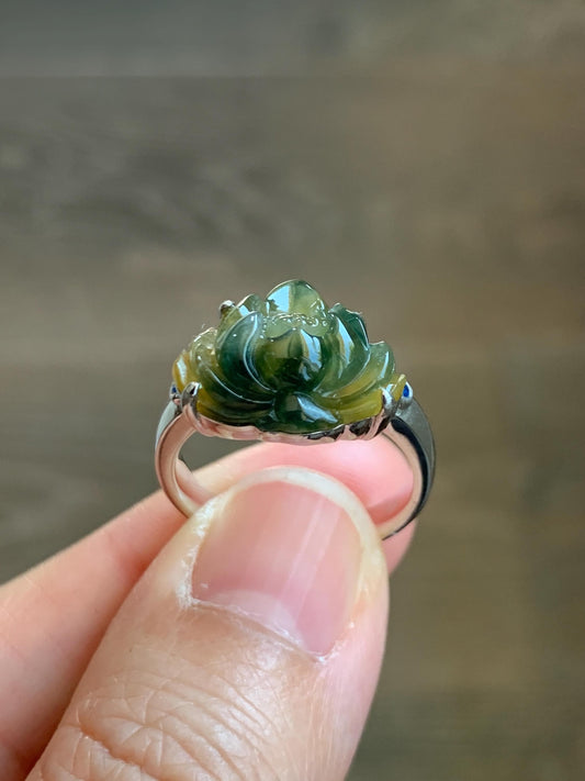 Certified Natural Grade A Icy Translucent Yellow Dark Blue Marbled Jadeite Lotus Flower Ring Sterling Silver Size 7.25 天然冰黄飘蓝花翡翠莲花镶嵌戒指 9441