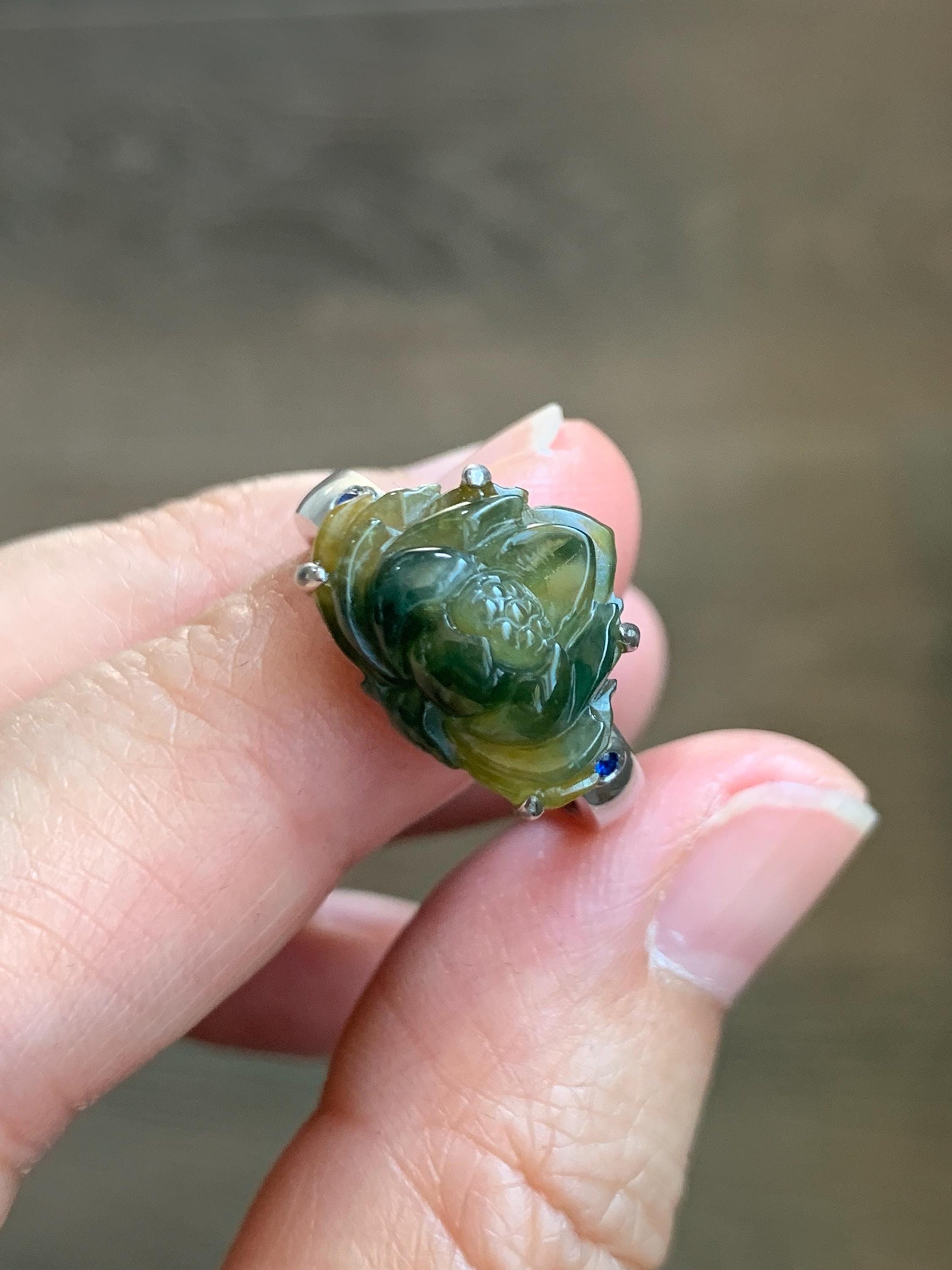 Certified Natural Grade A Icy Translucent Yellow Dark Blue Marbled Jadeite Lotus Flower Ring Sterling Silver Size 7.25 天然冰黄飘蓝花翡翠莲花镶嵌戒指 9441