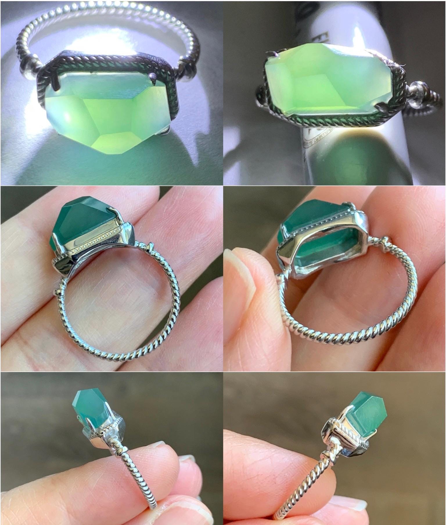 Certified Natural Guatemalan Icy Translucent Dark Teal Green Faceted Jadeite Cabochon Ring Sterling Silver Size 7.25 US 天然冰危蓝绿切割面翡翠银镶戒指 9442