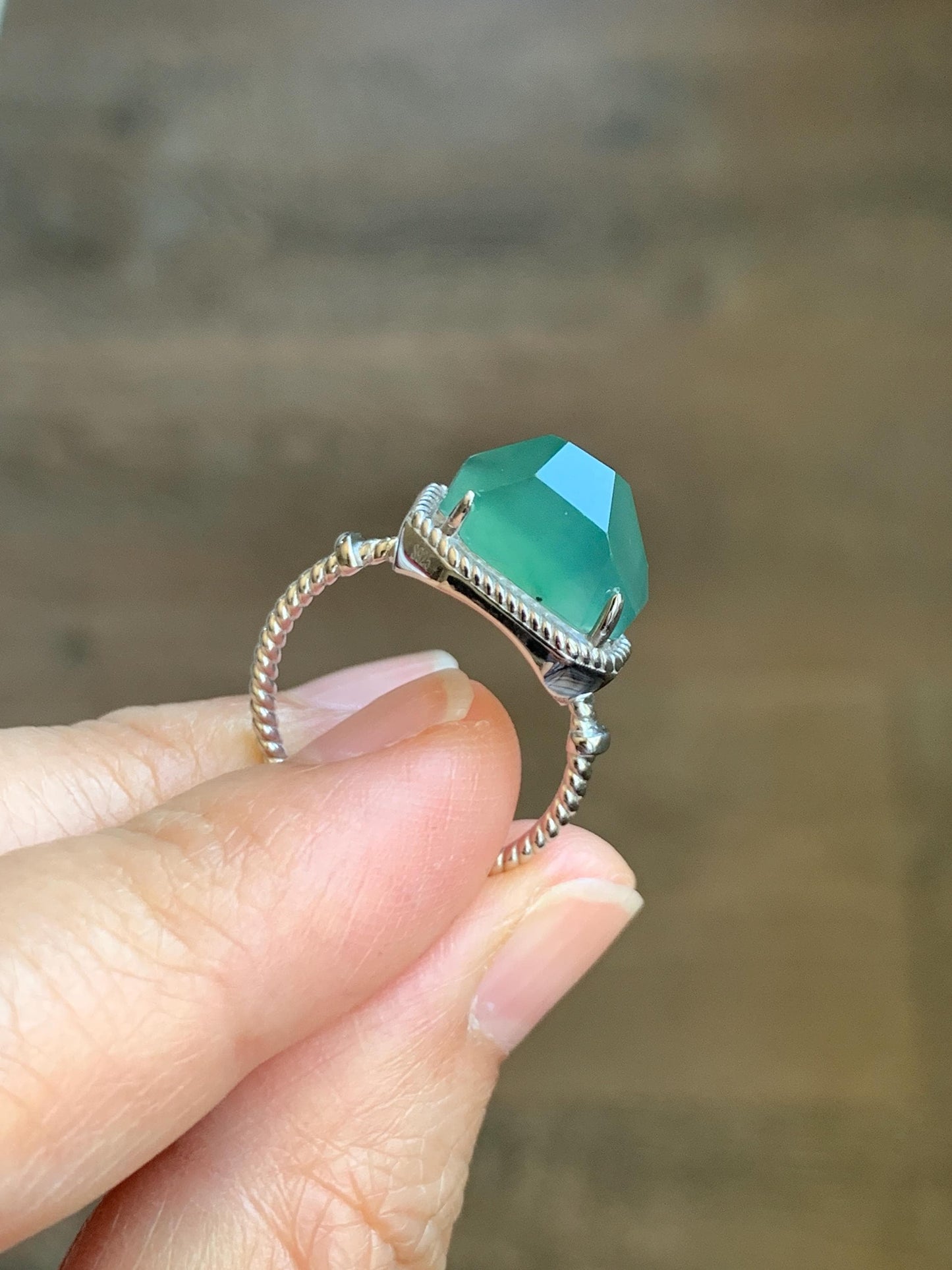 Certified Natural Guatemalan Icy Translucent Dark Teal Green Faceted Jadeite Cabochon Ring Sterling Silver Size 7.25 US 天然冰危蓝绿切割面翡翠银镶戒指 9442