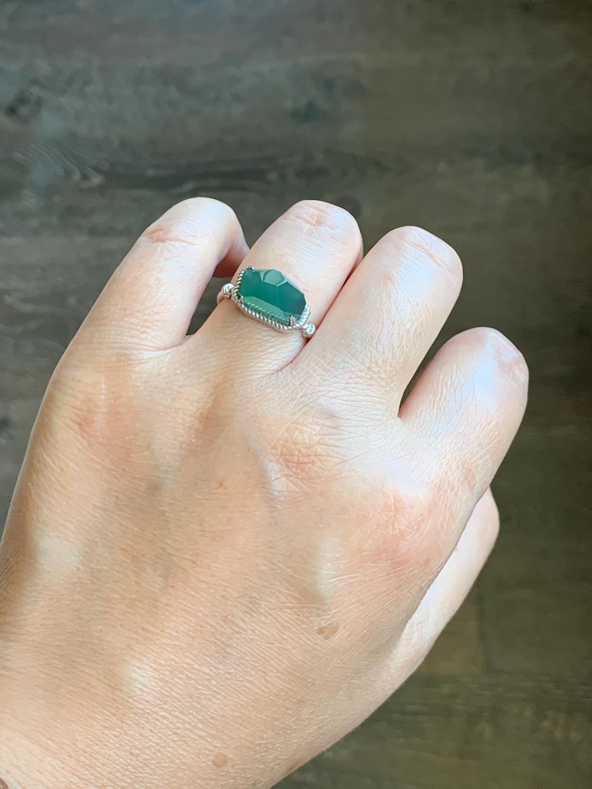 Certified Natural Guatemalan Icy Translucent Dark Teal Green Faceted Jadeite Cabochon Ring Sterling Silver Size 7.25 US 天然冰危蓝绿切割面翡翠银镶戒指 9442