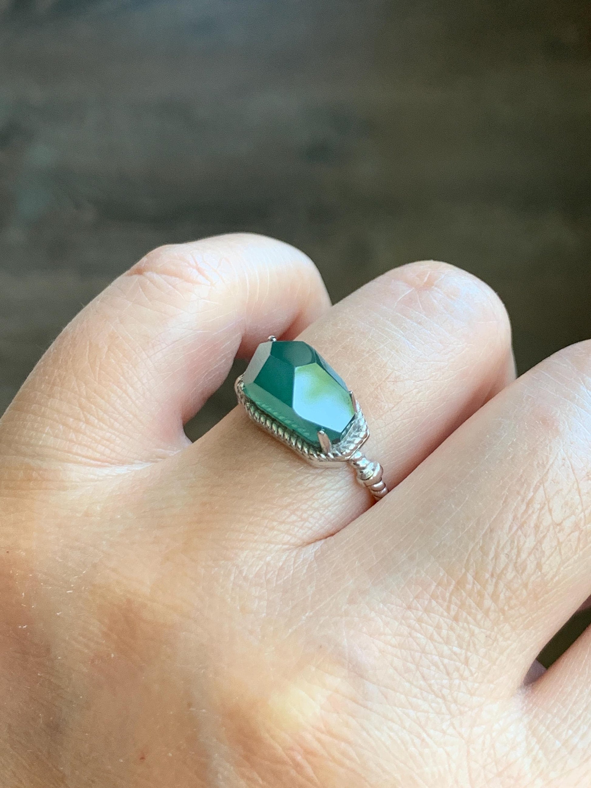 Certified Natural Guatemalan Icy Translucent Dark Teal Green Faceted Jadeite Cabochon Ring Sterling Silver Size 7.25 US 天然冰危蓝绿切割面翡翠银镶戒指 9442