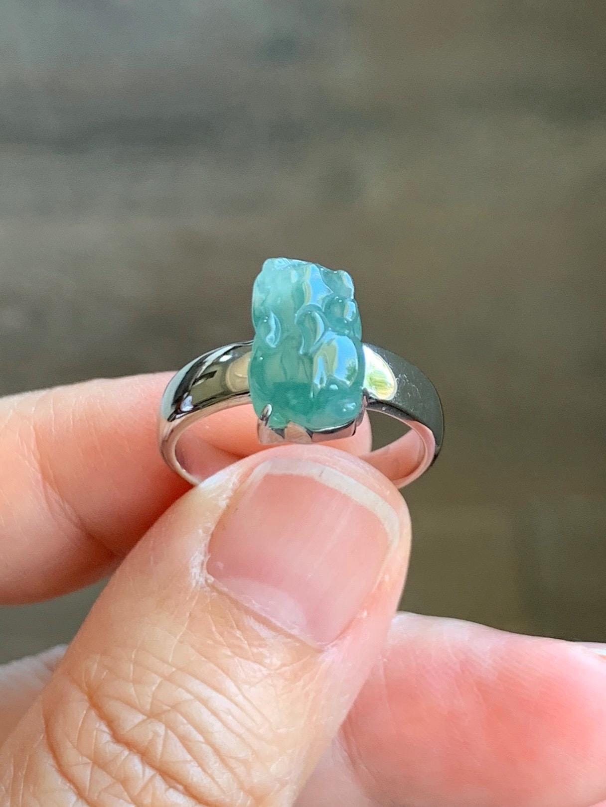 Certified Natural Grade A Guatemalan Icy Translucent Dusty Teal Green Jadeite Pixiu Ring Sterling Silver size 7 US 4.5g 天然冰胶危蓝绿翡翠貔貅银镶戒指 9447