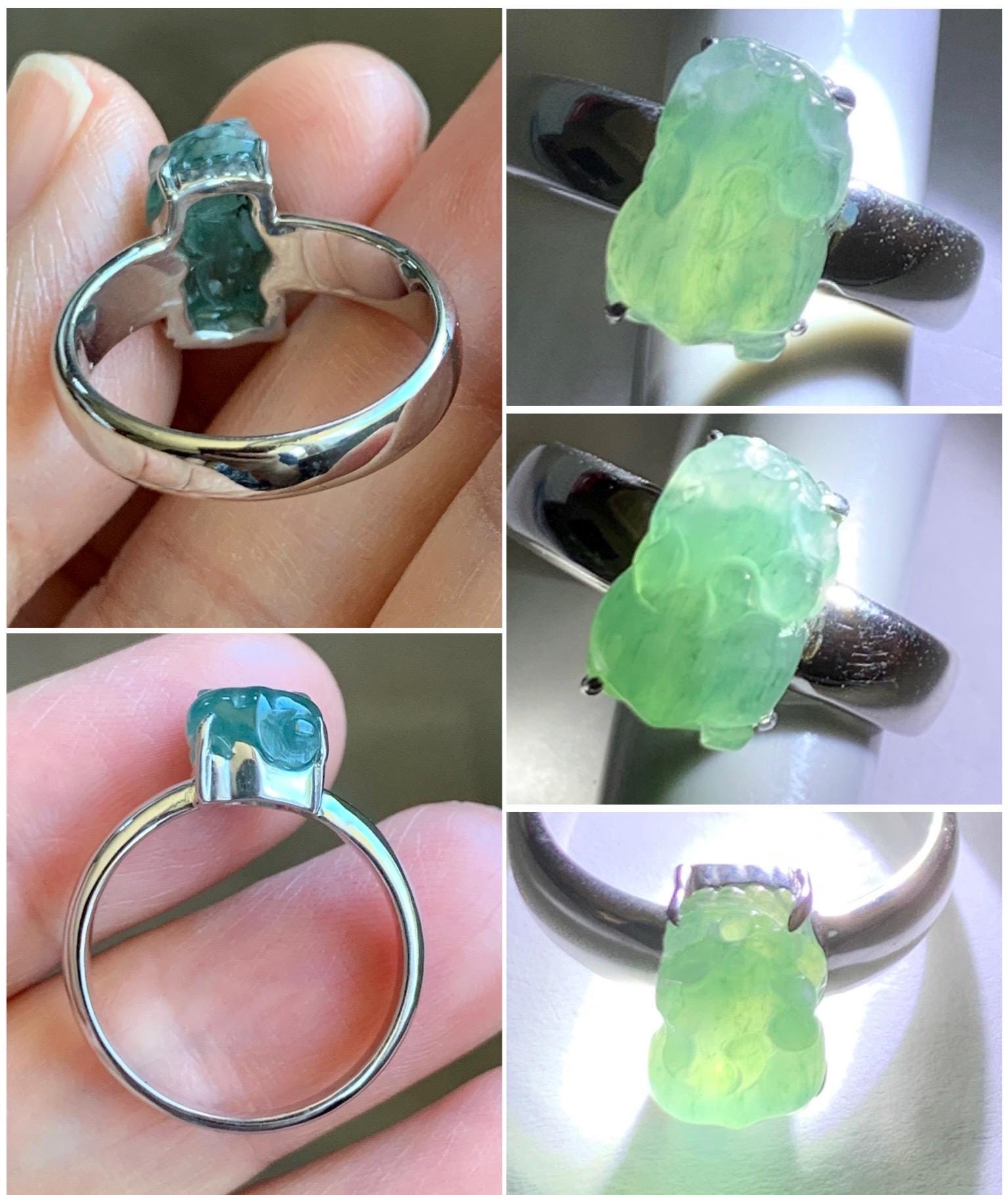 Certified Natural Grade A Guatemalan Icy Translucent Dusty Teal Green Jadeite Pixiu Ring Sterling Silver size 7 US 4.5g 天然冰胶危蓝绿翡翠貔貅银镶戒指 9447