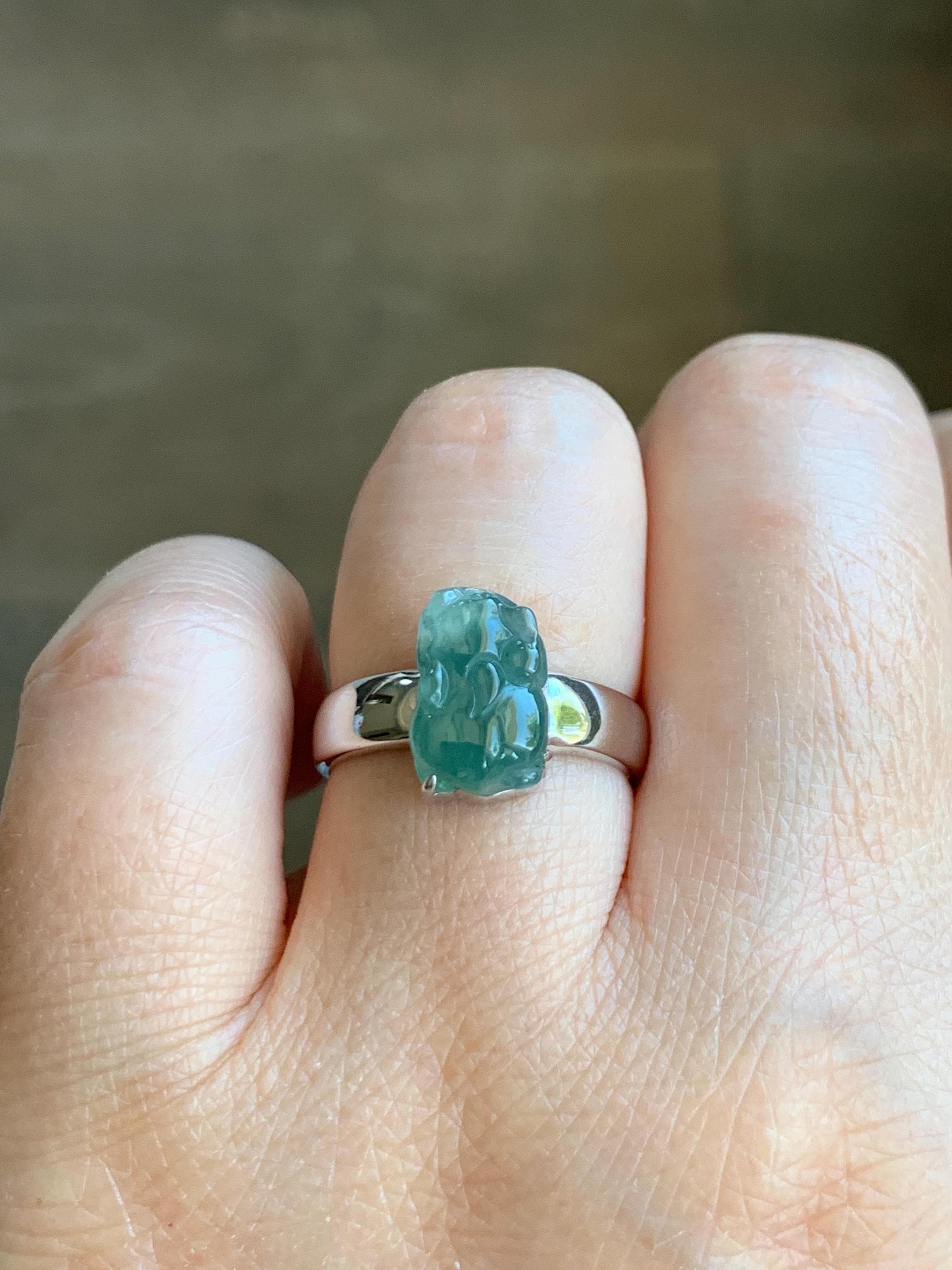 Certified Natural Grade A Guatemalan Icy Translucent Dusty Teal Green Jadeite Pixiu Ring Sterling Silver size 7 US 4.5g 天然冰胶危蓝绿翡翠貔貅银镶戒指 9447