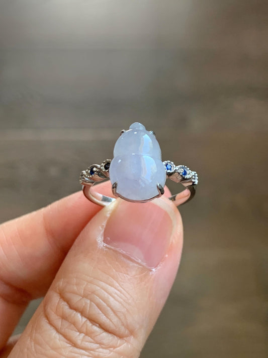 Certified Natural Grade A Icy Translucent Gelatinous Pastel Lavender Jadeite Gourd Hulu Ring Sterling Silver size 7 US 天然冰胶淡紫翡翠葫芦镶嵌戒指 9444
