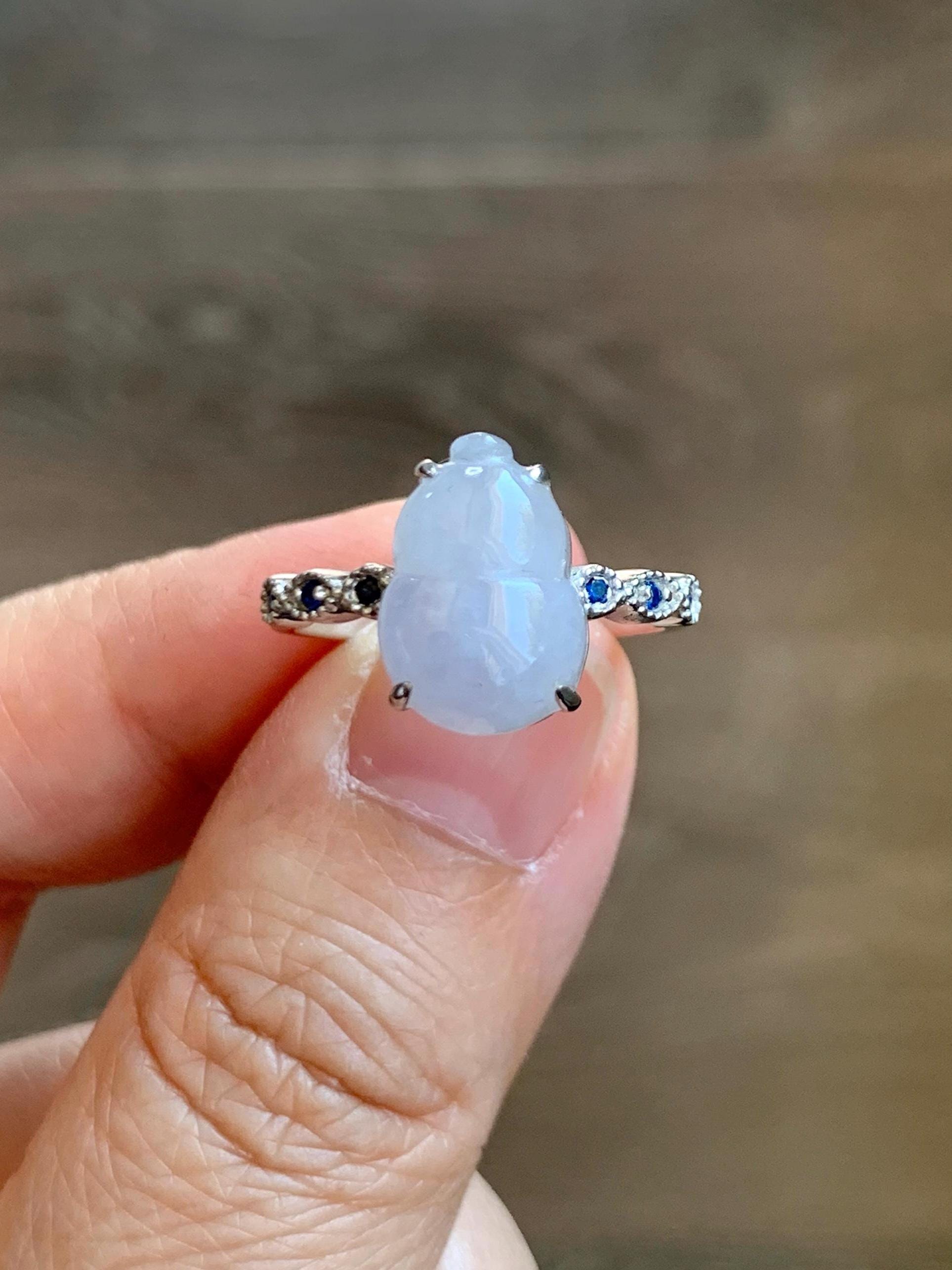 Certified Natural Grade A Icy Translucent Gelatinous Pastel Lavender Jadeite Gourd Hulu Ring Sterling Silver size 7 US 天然冰胶淡紫翡翠葫芦镶嵌戒指 9444