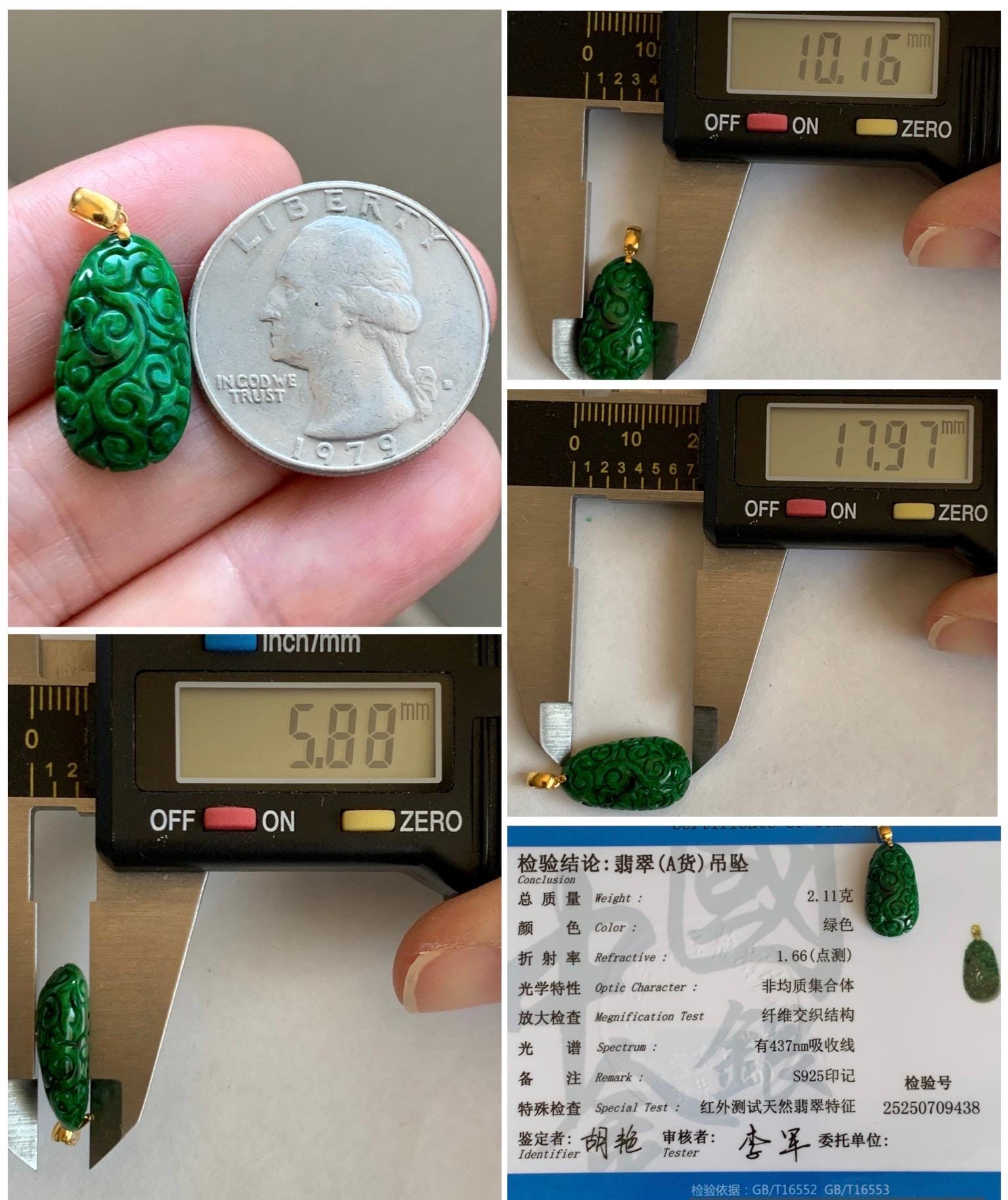 Certified Natural Grade A Icy Vibrant Hot Green Jade Jadeite Engraved Teardrop Pendant 18K Yellow Gold 2.11g 天然辣绿花青翡翠仿古雕水滴吊坠 9438