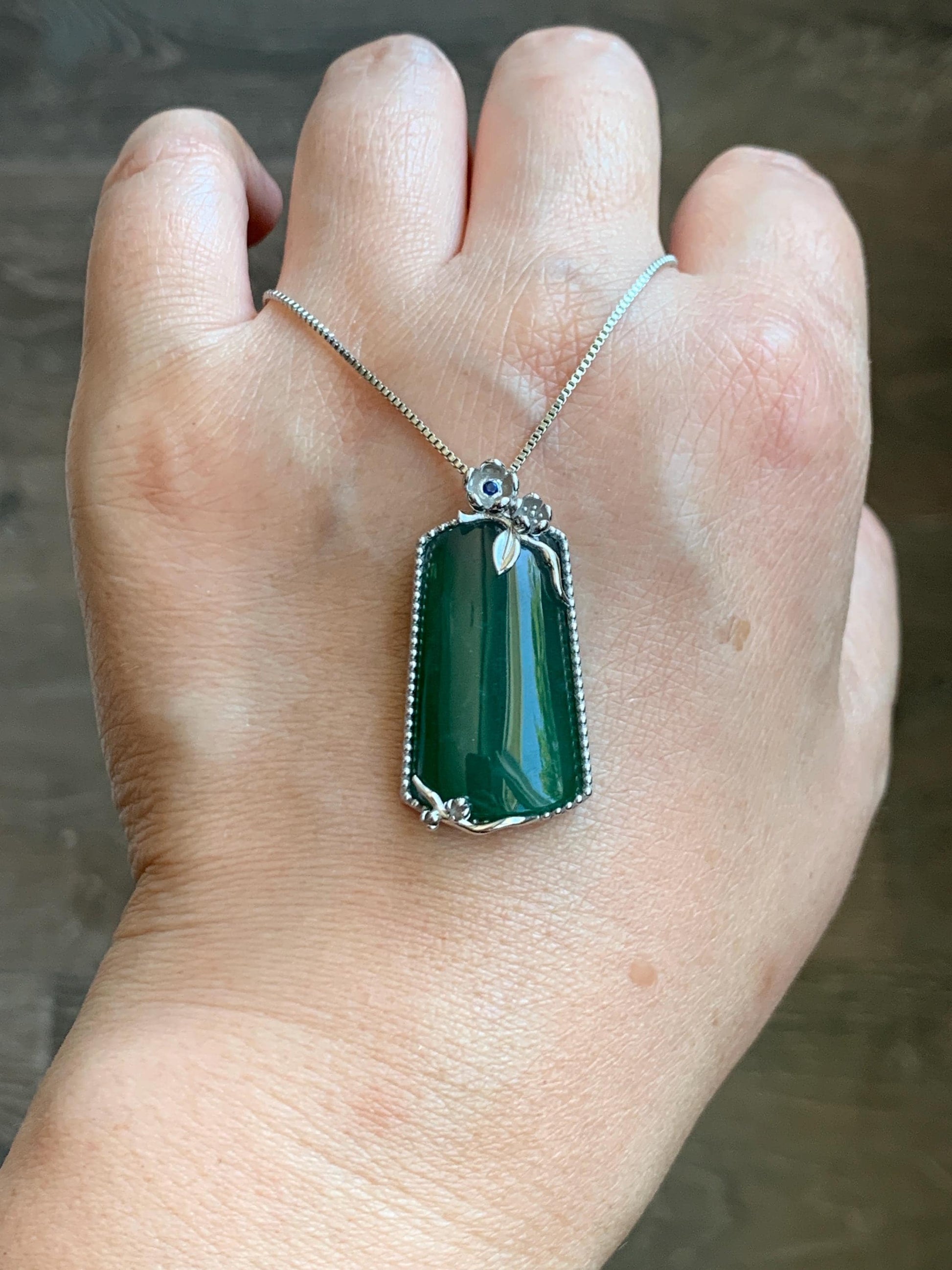 Certified Natural Grade A Guatemalan Icy Translucent Deep Teal Green Jade Jadeite Wu Shi Pai Pendant Sterling Silver 天然冰危深绿翡翠银镶无事牌吊坠 9459