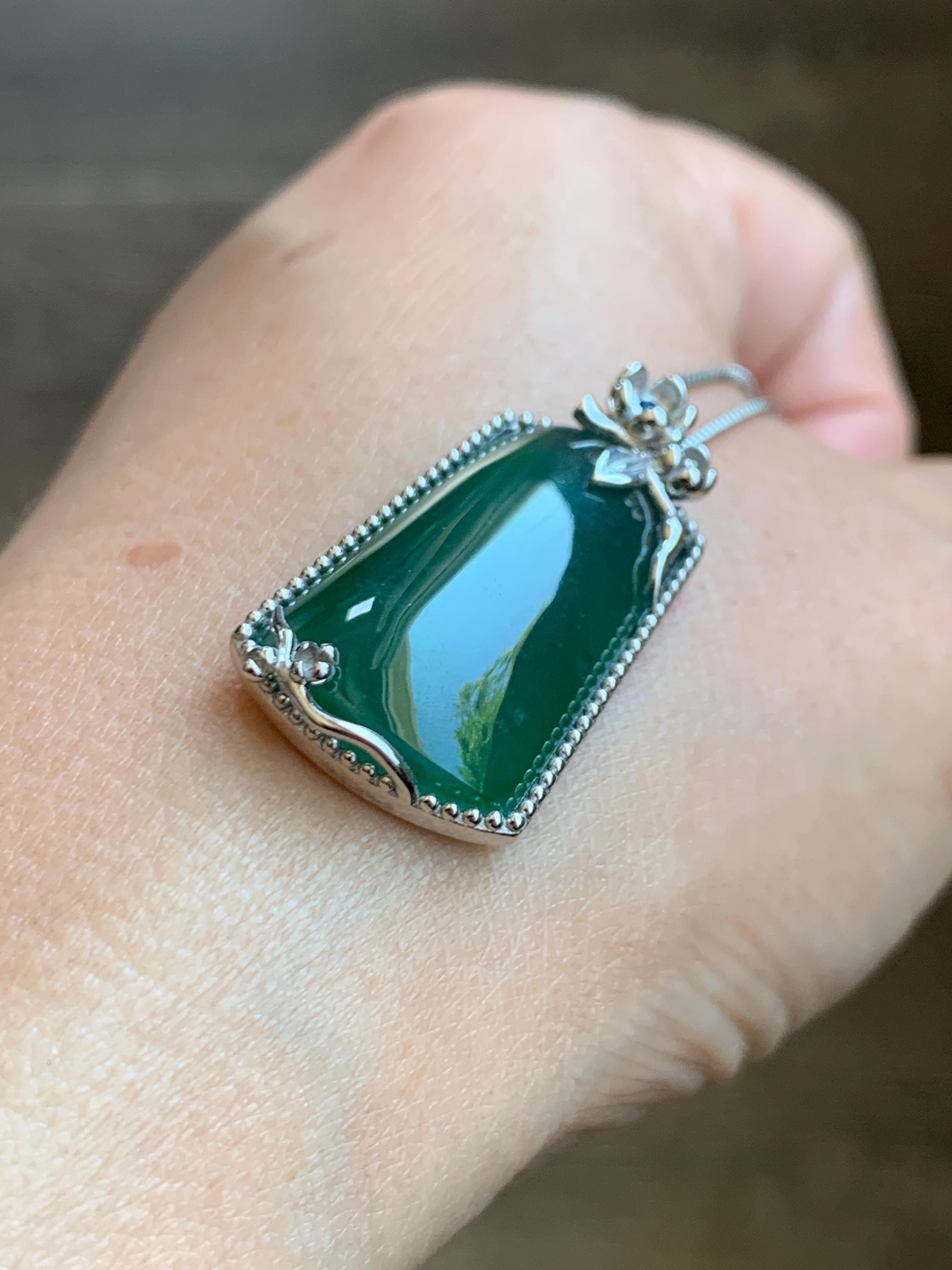 Certified Natural Grade A Guatemalan Icy Translucent Deep Teal Green Jade Jadeite Wu Shi Pai Pendant Sterling Silver 天然冰危深绿翡翠银镶无事牌吊坠 9459