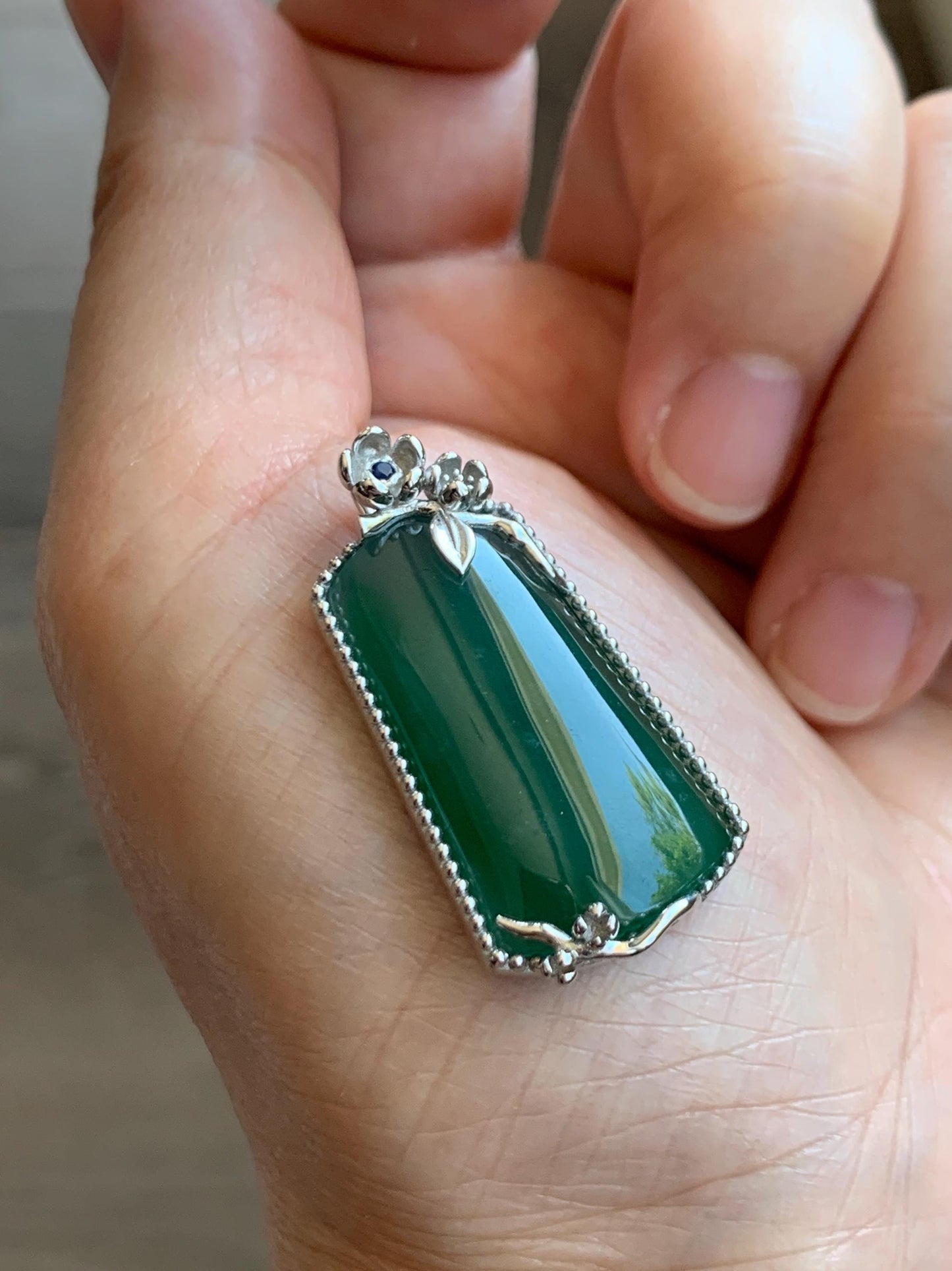 Certified Natural Grade A Guatemalan Icy Translucent Deep Teal Green Jade Jadeite Wu Shi Pai Pendant Sterling Silver 天然冰危深绿翡翠银镶无事牌吊坠 9459