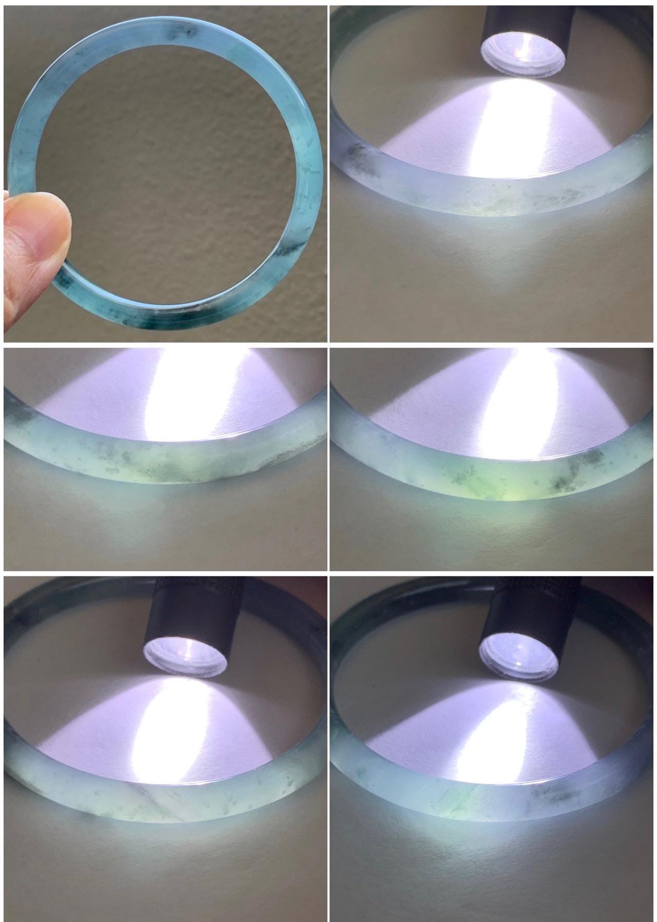 Certified Natural Grade A Guatemalan Icy Translucent Dusty Blue Wuji & Purple Marbled Jadeite Bangle Bracelet 56.5mm 7” 天然冰危蓝紫乌鸡细圆条翡翠手镯 9413