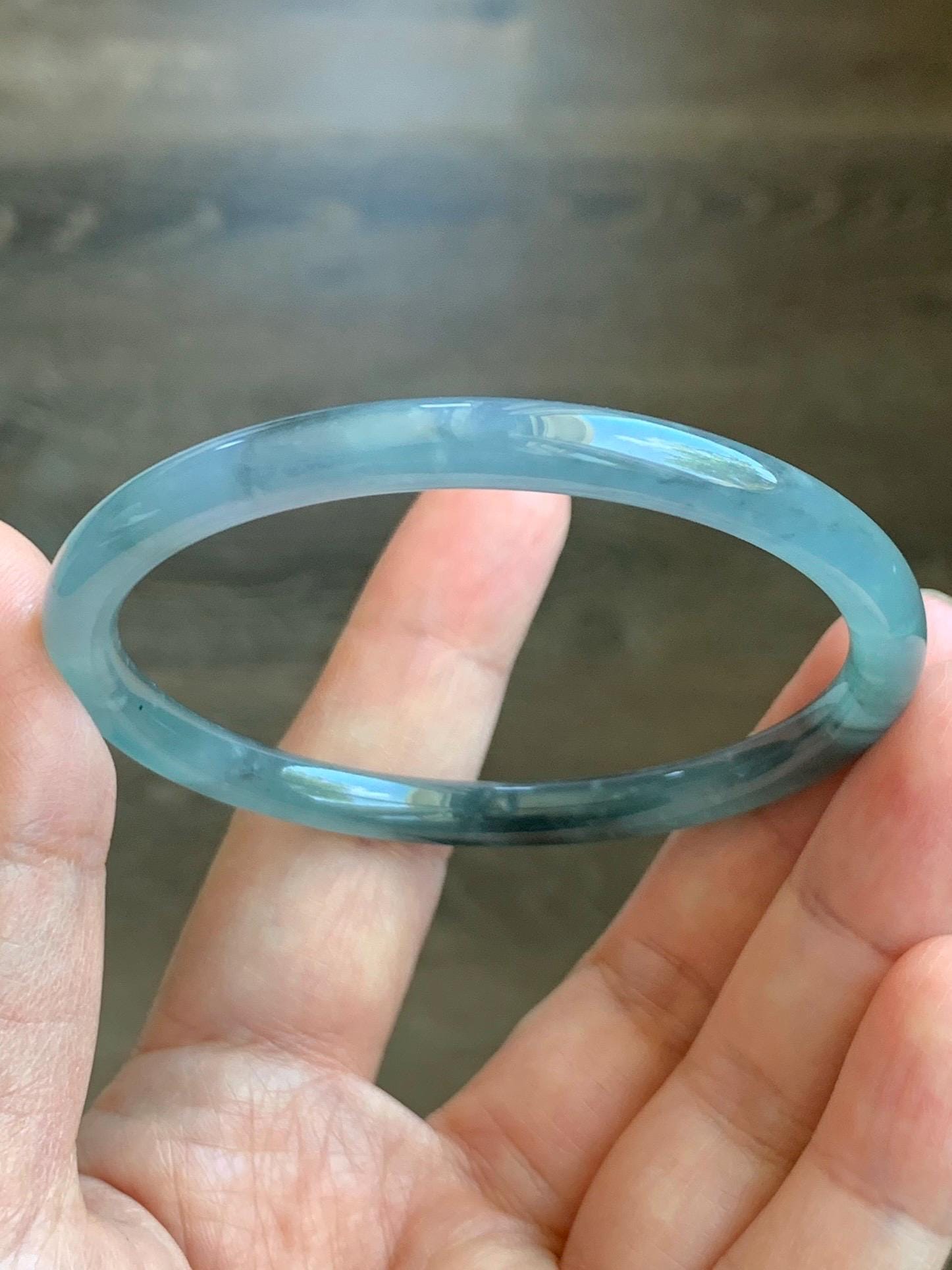 Certified Natural Grade A Guatemalan Icy Translucent Dusty Blue Wuji & Purple Marbled Jadeite Bangle Bracelet 56.5mm 7” 天然冰危蓝紫乌鸡细圆条翡翠手镯 9413