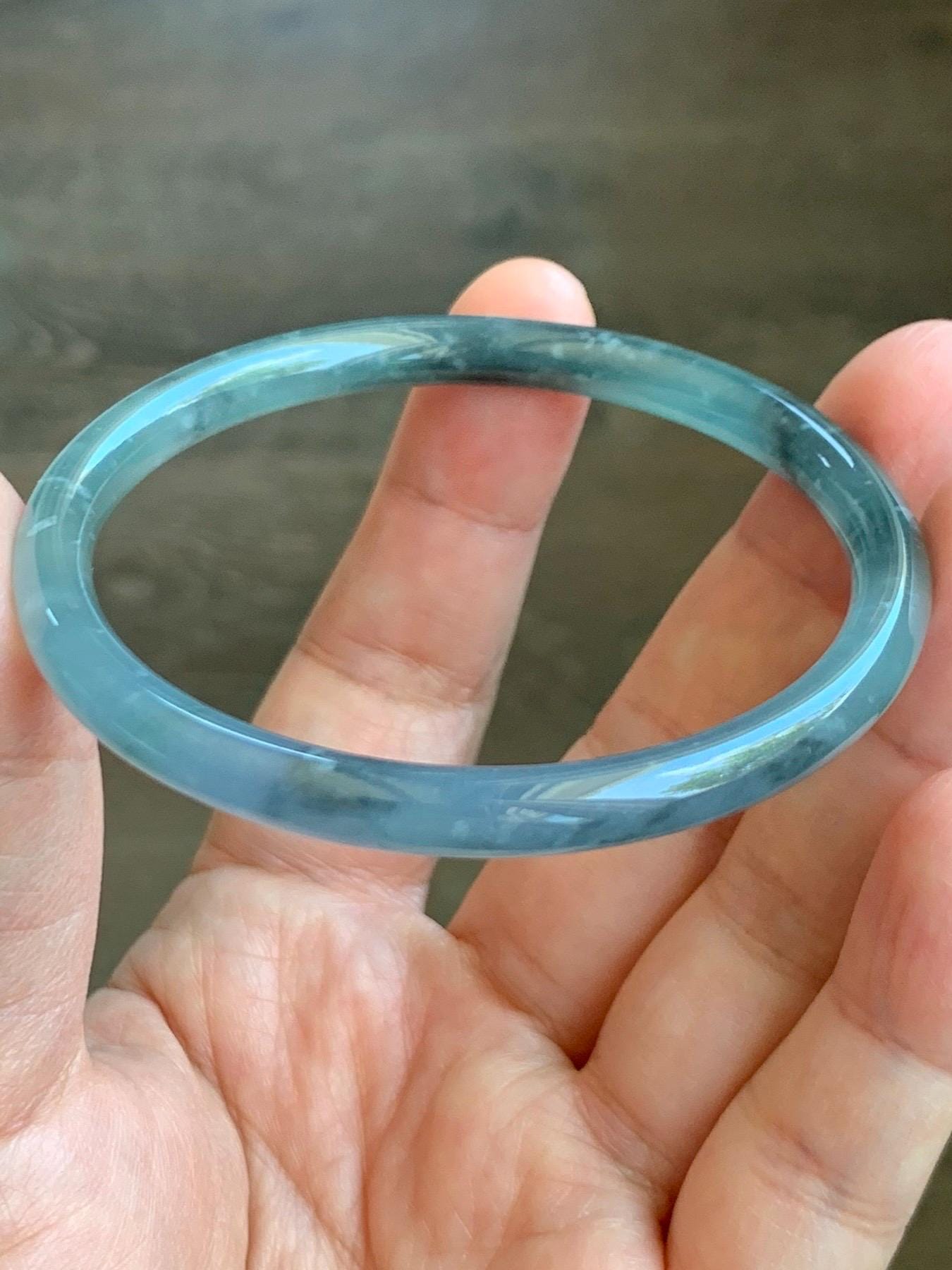Certified Natural Grade A Guatemalan Icy Translucent Dusty Blue Wuji & Purple Marbled Jadeite Bangle Bracelet 56.5mm 7” 天然冰危蓝紫乌鸡细圆条翡翠手镯 9413