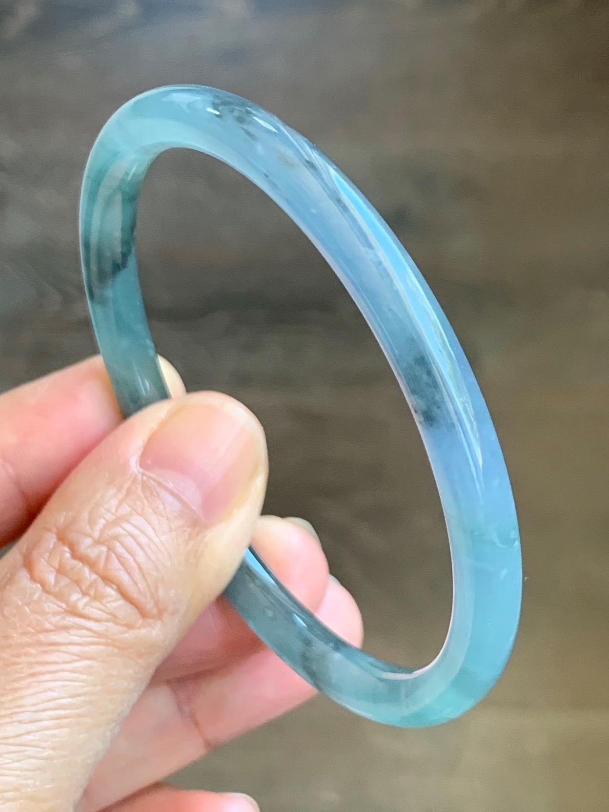 Certified Natural Grade A Guatemalan Icy Translucent Dusty Blue Wuji & Purple Marbled Jadeite Bangle Bracelet 56.5mm 7” 天然冰危蓝紫乌鸡细圆条翡翠手镯 9413