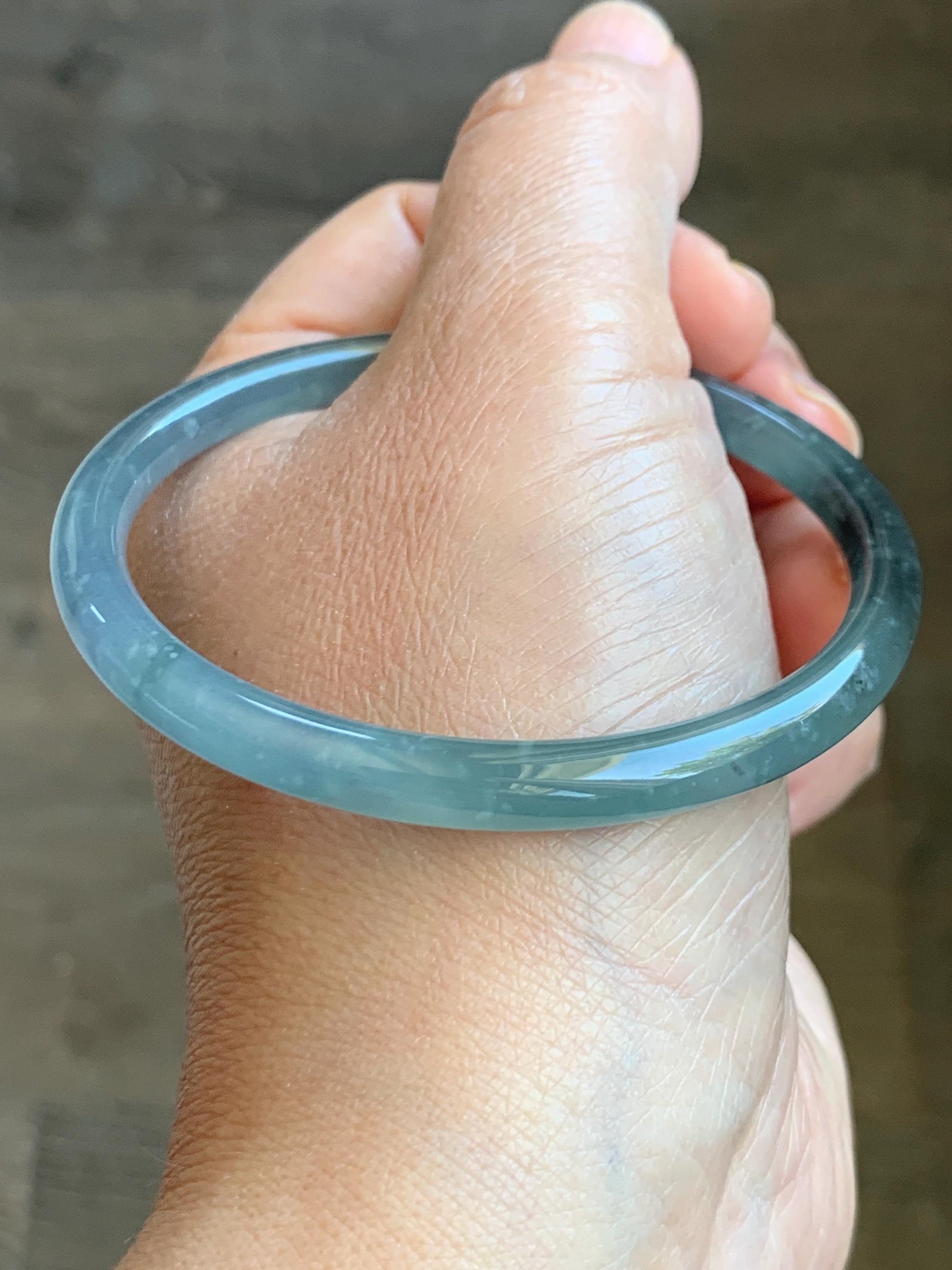 Certified Natural Grade A Guatemalan Icy Translucent Dusty Blue Wuji & Purple Marbled Jadeite Bangle Bracelet 56.5mm 7” 天然冰危蓝紫乌鸡细圆条翡翠手镯 9413
