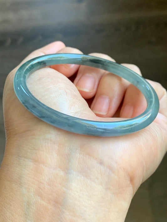 Certified Natural Grade A Guatemalan Icy Translucent Dusty Blue Wuji & Purple Marbled Jadeite Bangle Bracelet 56.5mm 7” 天然冰危蓝紫乌鸡细圆条翡翠手镯 9413