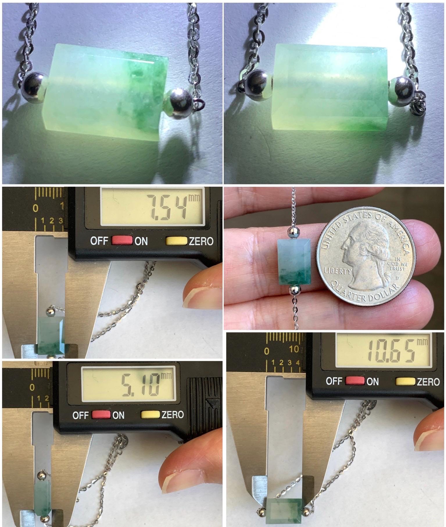 Natural Grade A Icy Translucent Light Green Marbled Jadeite Charm Sterling Silver Chain Bracelet adjustable 7.5” 天然冰晴飘花翡翠切割面方糖针式银手链 FTPH