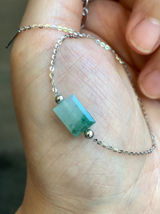 Natural Grade A Icy Translucent Light Green Marbled Jadeite Charm Sterling Silver Chain Bracelet adjustable 7.5” 天然冰晴飘花翡翠切割面方糖针式银手链 FTPH