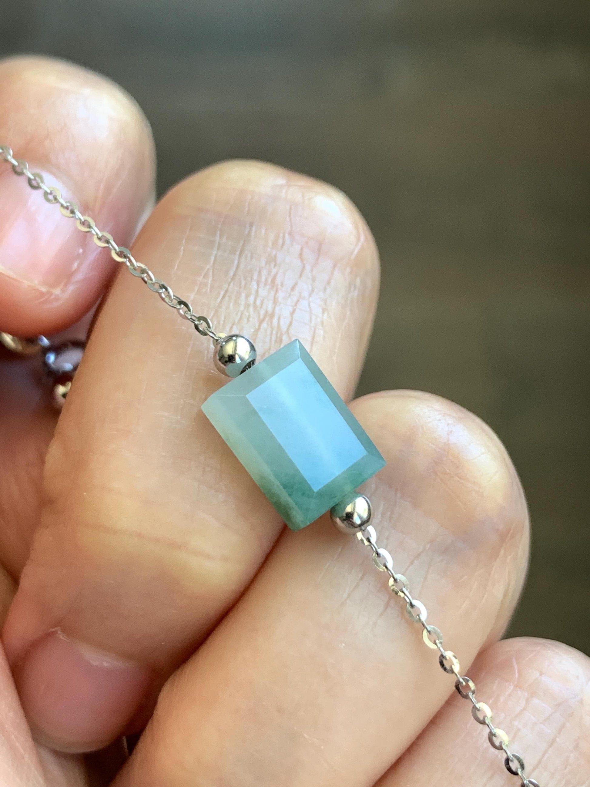 Natural Grade A Icy Translucent Light Green Marbled Jadeite Charm Sterling Silver Chain Bracelet adjustable 7.5” 天然冰晴飘花翡翠切割面方糖针式银手链 FTPH