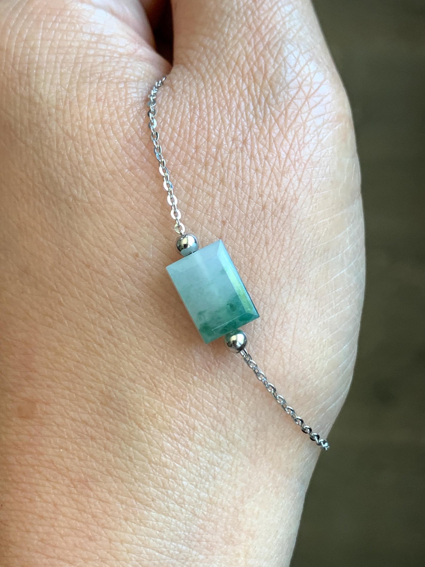 Natural Grade A Icy Translucent Light Green Marbled Jadeite Charm Sterling Silver Chain Bracelet adjustable 7.5” 天然冰晴飘花翡翠切割面方糖针式银手链 FTPH