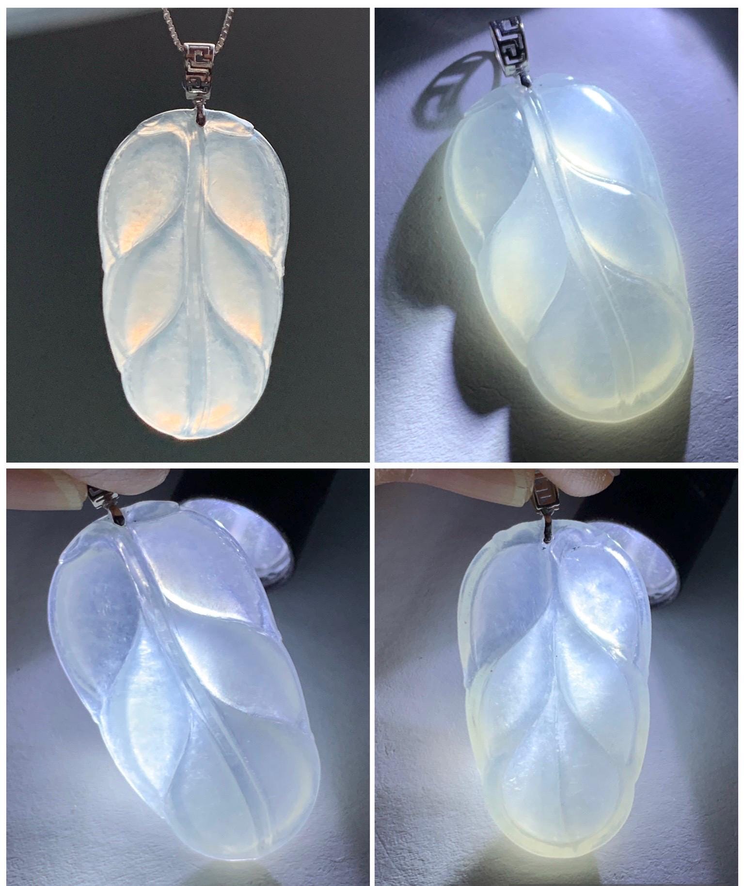 Natural Grade A Icy Highly Translucent White Jade Jadeite Carved Leaf Large Pendant 18K White Gold 5g 天然白冰起光翡翠大叶有成镶嵌吊坠 MBB550B