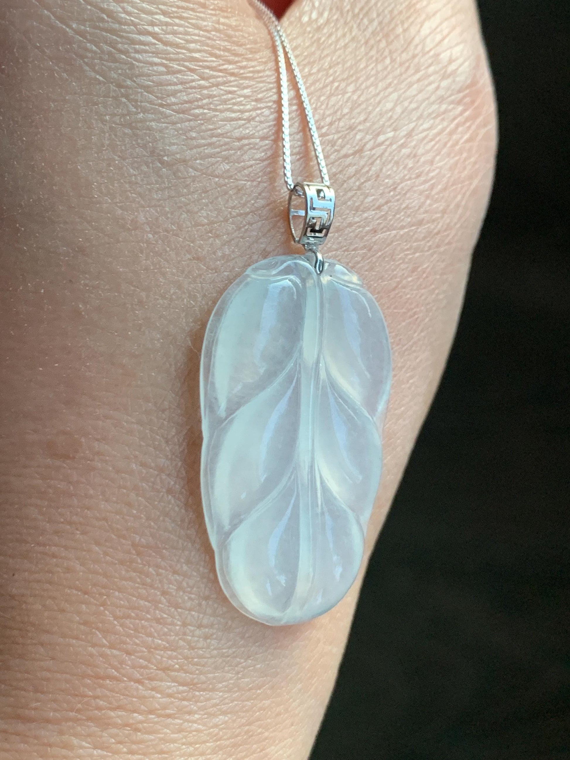 Natural Grade A Icy Highly Translucent White Jade Jadeite Carved Leaf Large Pendant 18K White Gold 5g 天然白冰起光翡翠大叶有成镶嵌吊坠 MBB550B