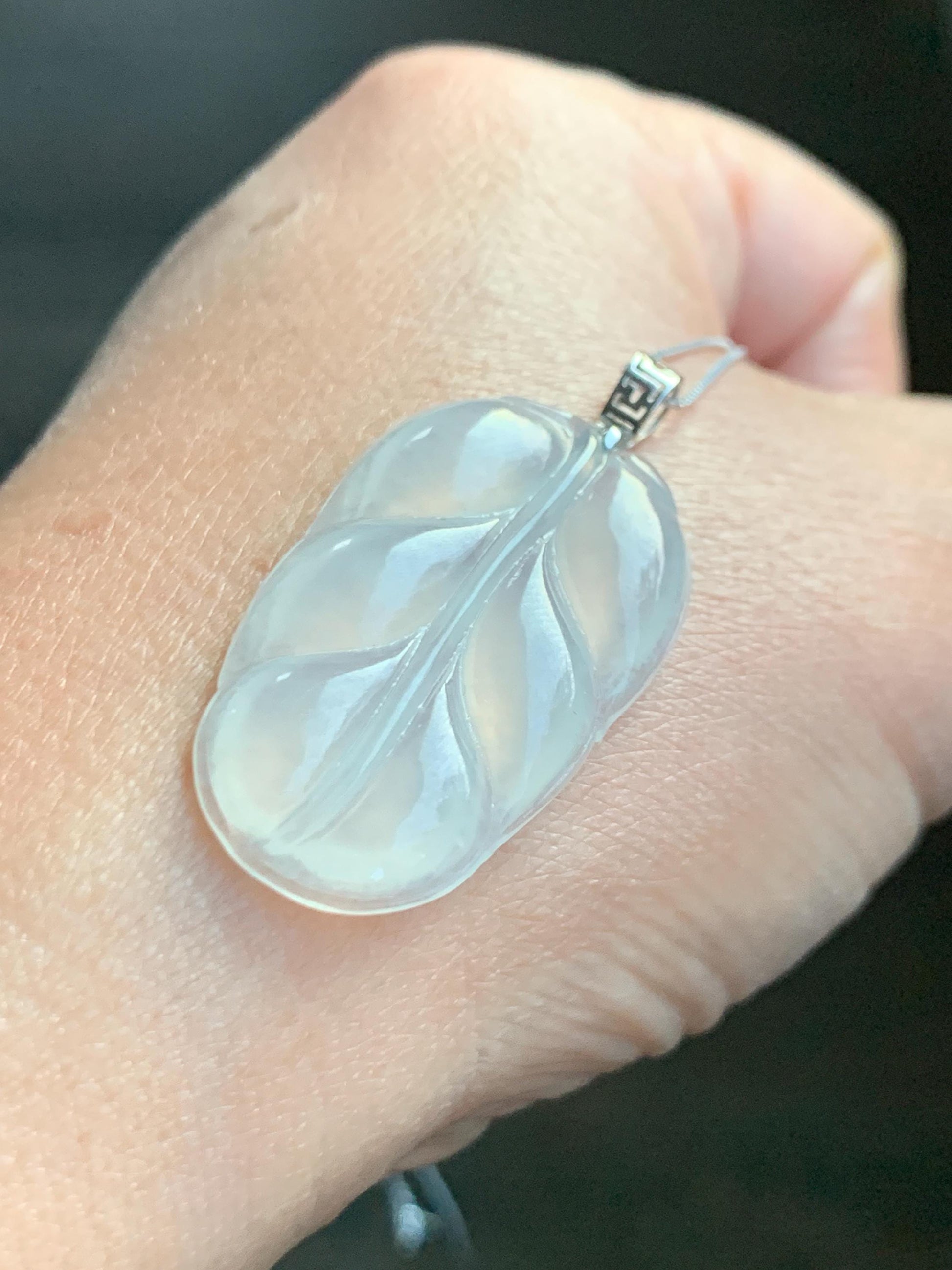 Natural Grade A Icy Highly Translucent White Jade Jadeite Carved Leaf Large Pendant 18K White Gold 5g 天然白冰起光翡翠大叶有成镶嵌吊坠 MBB550B