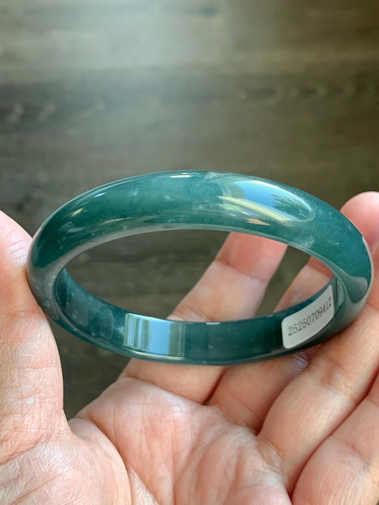 Certified Natural Grade A Guatemalan Translucent Dark Teal Blue Jade Jadeite Wide Bangle Bracelet 59.3mm 44g 7.25" 天然危蓝糯冰翡翠正圈手镯 9412