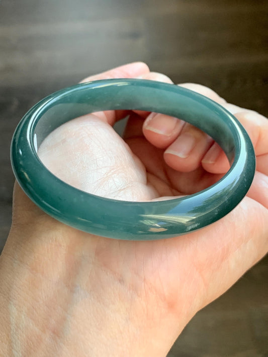 Certified Natural Grade A Guatemalan Translucent Dark Teal Blue Jade Jadeite Wide Bangle Bracelet 59.3mm 44g 7.25" 天然危蓝糯冰翡翠正圈手镯 9412