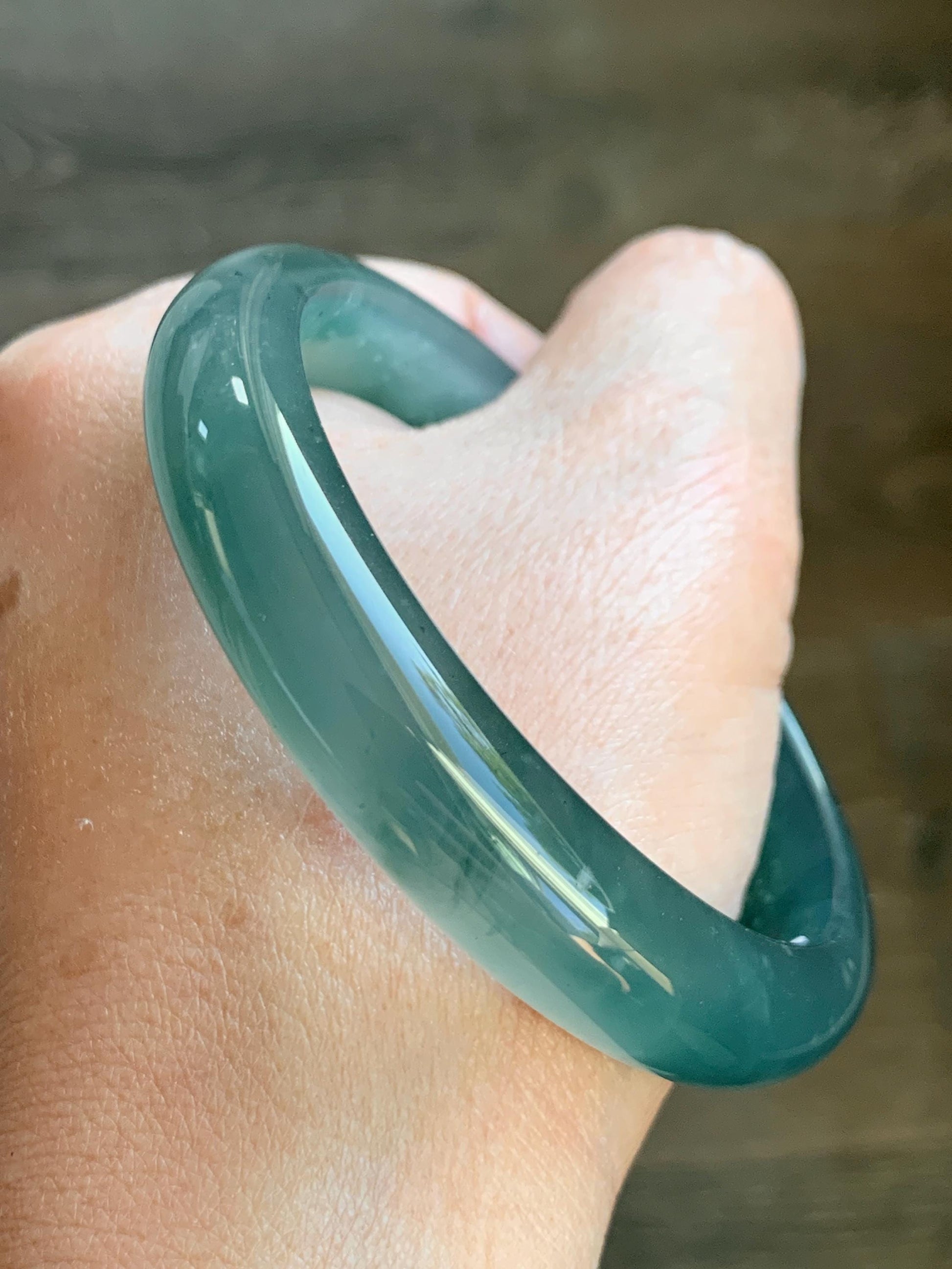 Certified Natural Guatemalan Icy Highly Translucent Deep Teal Blue Jade Jadeite Wide Bangle Bracelet 58.2mm 50.97g 7.2" 天然冰胶危蓝翡翠正圈手镯 9414