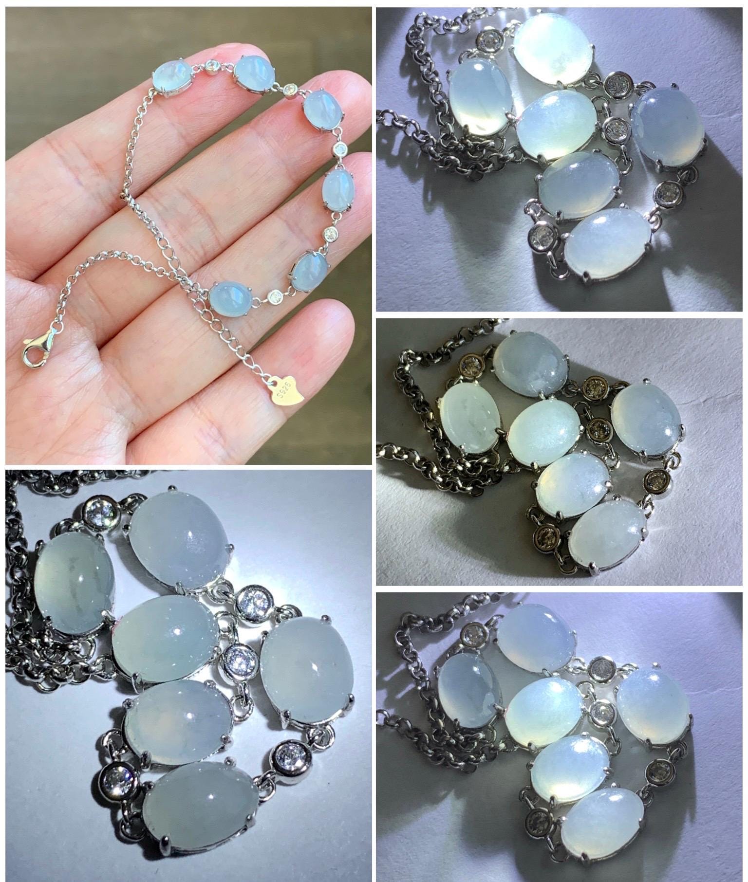 Natural Grade A Icy Translucent Gelatinous Pastel Purple Jadeite Link Chain Bracelet Sterling Silver 6.5”-7.75” 4g 天然冰浅紫底翡翠蛋面银镶手链 MDZL120