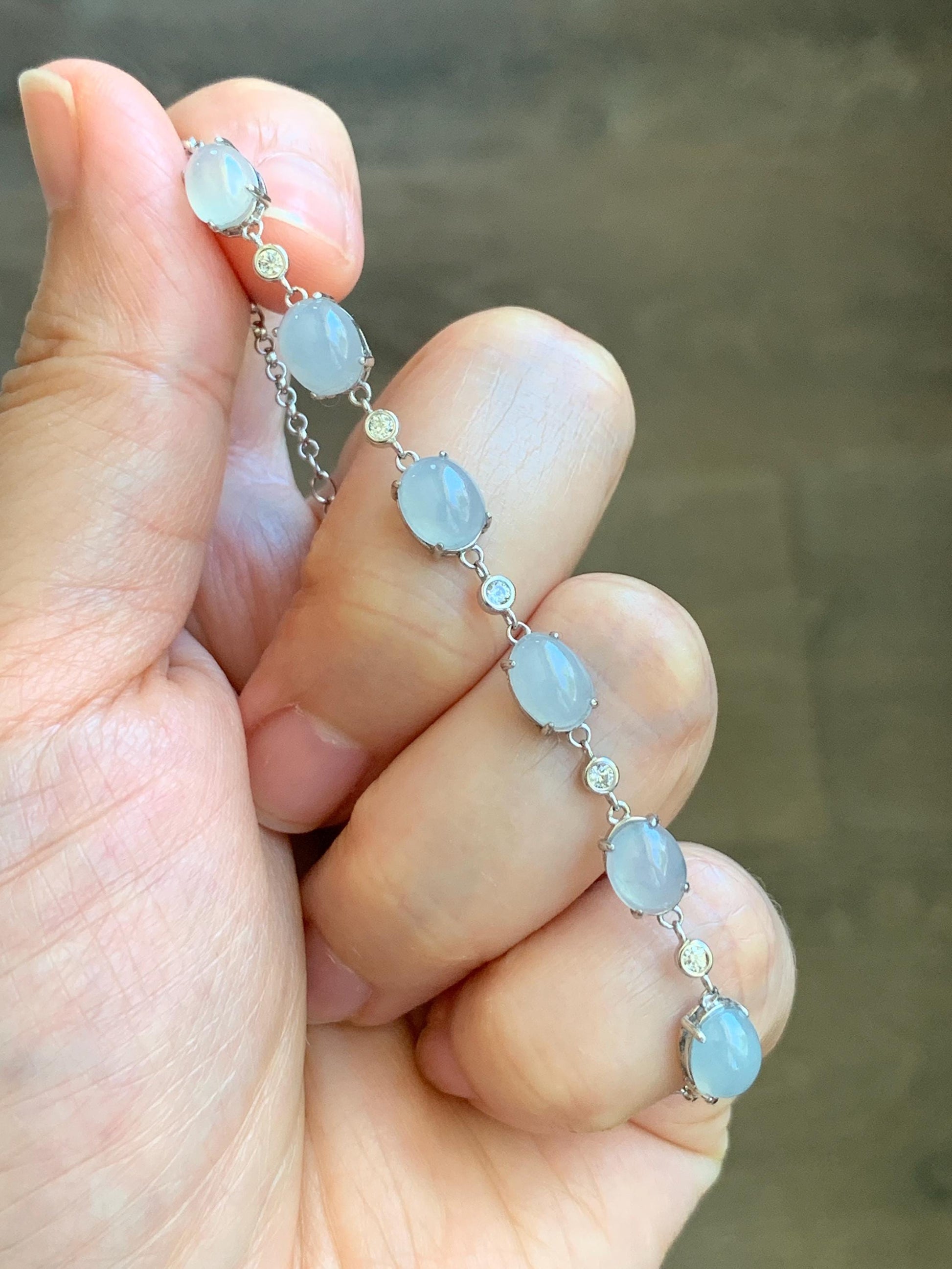 Natural Grade A Icy Translucent Gelatinous Pastel Purple Jadeite Link Chain Bracelet Sterling Silver 6.5”-7.75” 4g 天然冰浅紫底翡翠蛋面银镶手链 MDZL120