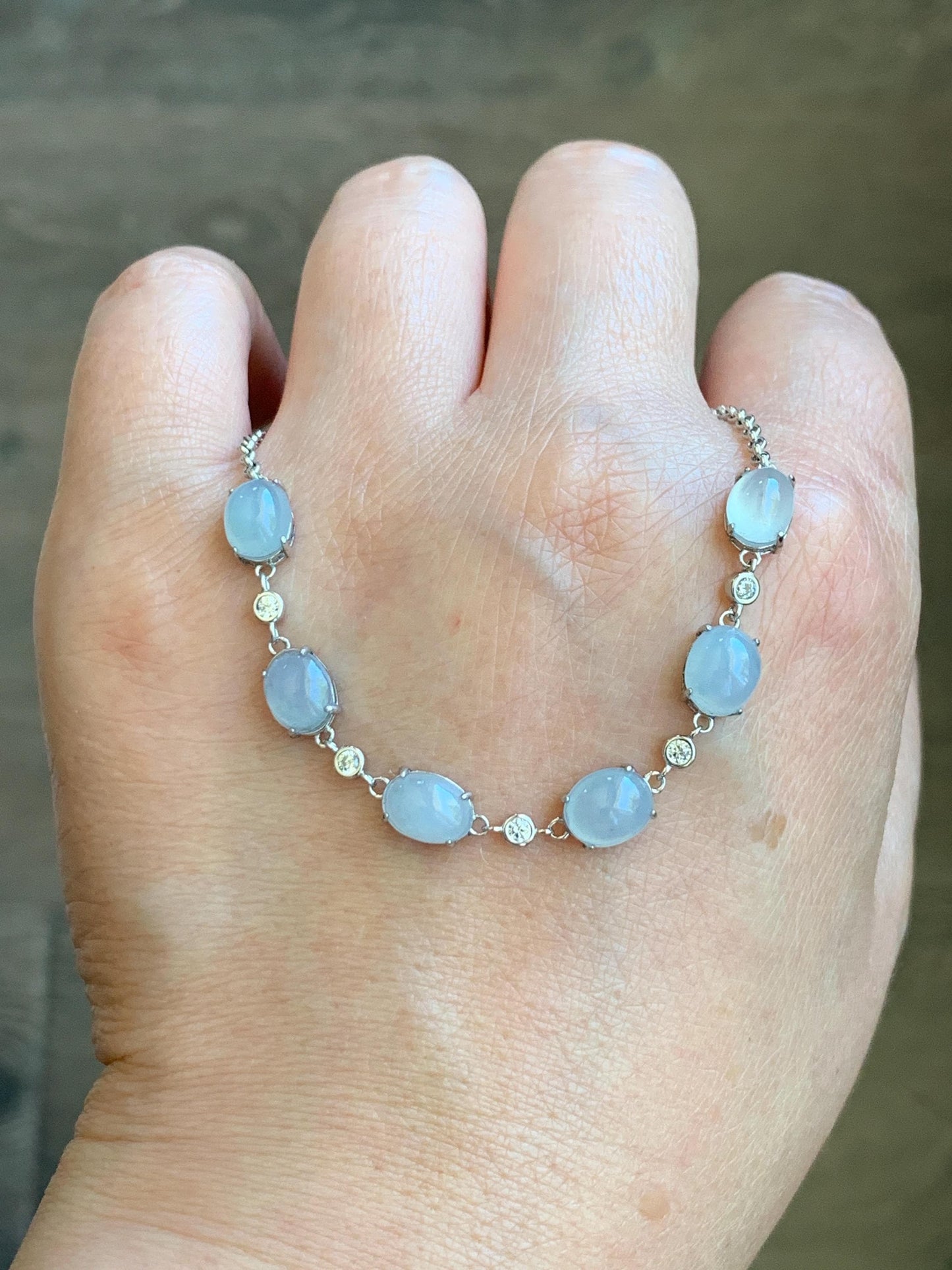 Natural Grade A Icy Translucent Gelatinous Pastel Purple Jadeite Link Chain Bracelet Sterling Silver 6.5”-7.75” 4g 天然冰浅紫底翡翠蛋面银镶手链 MDZL120
