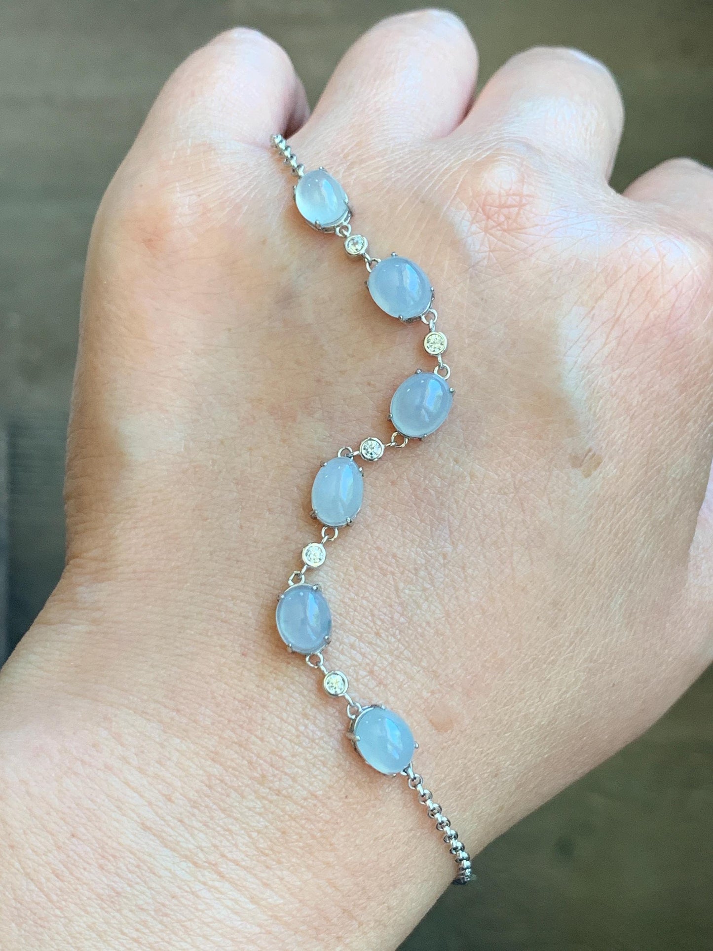 Natural Grade A Icy Translucent Gelatinous Pastel Purple Jadeite Link Chain Bracelet Sterling Silver 6.5”-7.75” 4g 天然冰浅紫底翡翠蛋面银镶手链 MDZL120