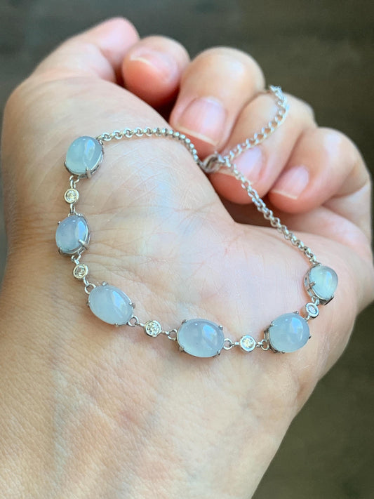 Natural Grade A Icy Translucent Gelatinous Pastel Purple Jadeite Link Chain Bracelet Sterling Silver 6.5”-7.75” 4g 天然冰浅紫底翡翠蛋面银镶手链 MDZL120